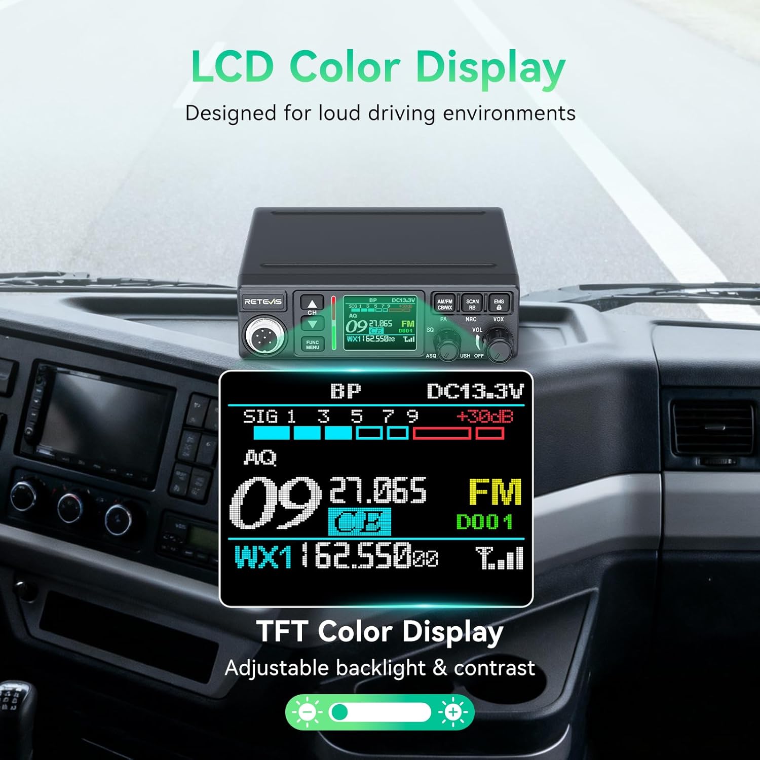 Retevis MB3B CB Radio with WX Channel, Adjustable 5-Color LCD Screen, SWR Warning, AM/FM CB Radio for Truck, Noise Canceling, 12V/24V, PA, EMG Channels 9/19, Cooling System for Off-Road Industrial