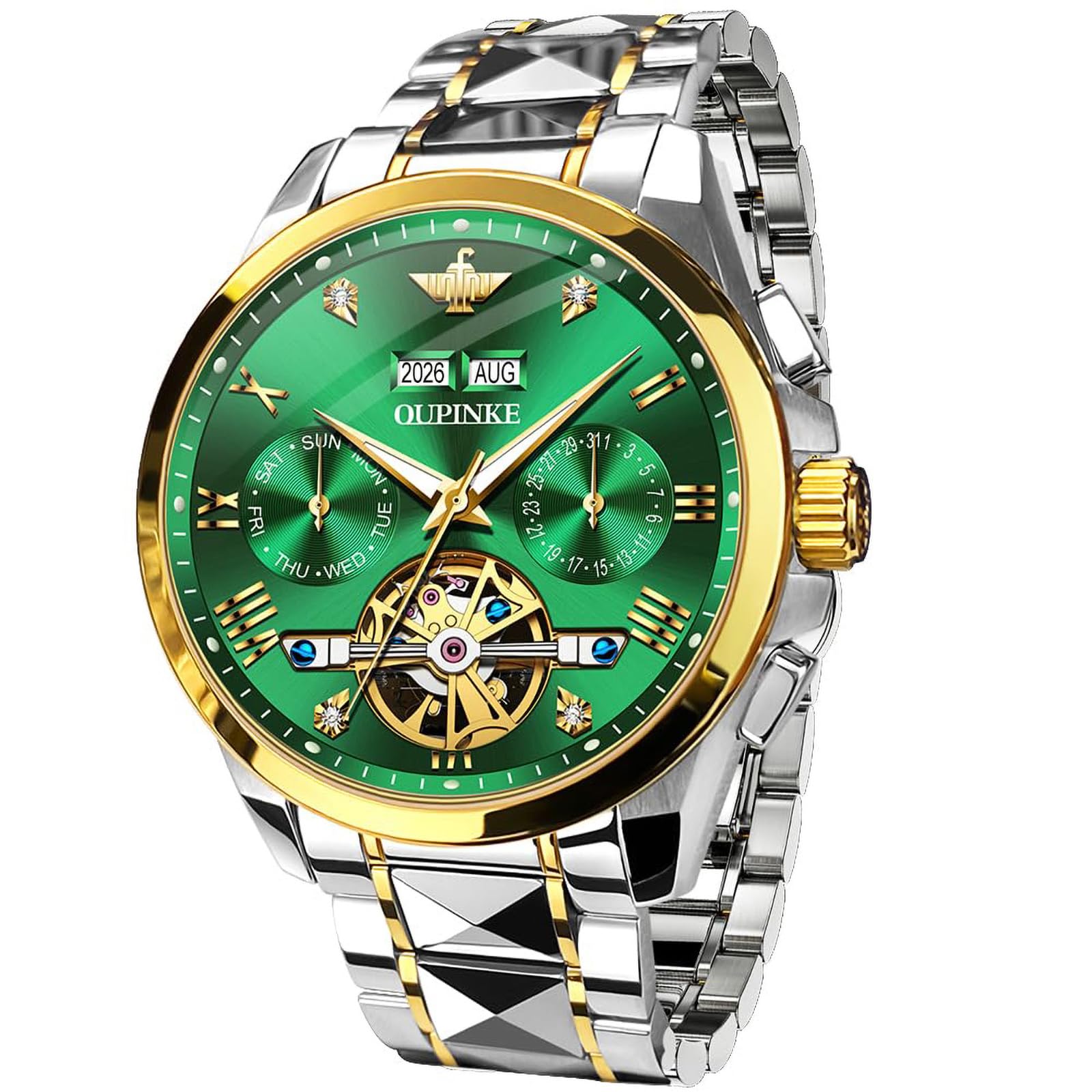 OUPINKE Men's Watch Automatic Designer Big Face Luxury Mechanical Skeleton Dress Business Wrist Watches Two Tone Tungsten Steel Waterproof Sapphire Calendar