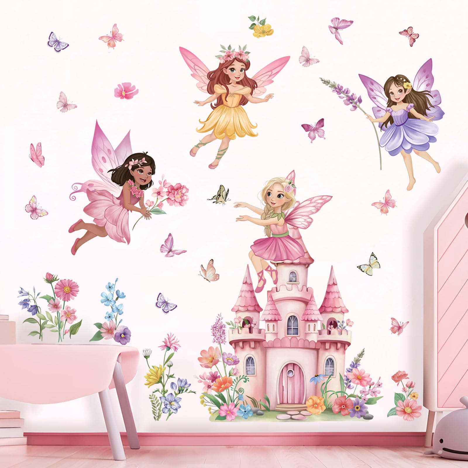 wondever Flower Fairy Castle Wall Stickers Elves Butterfly Girl Floral Peel and Stick Wall Art Decals for Baby Nursery Kids Girls Bedroom - Image 3