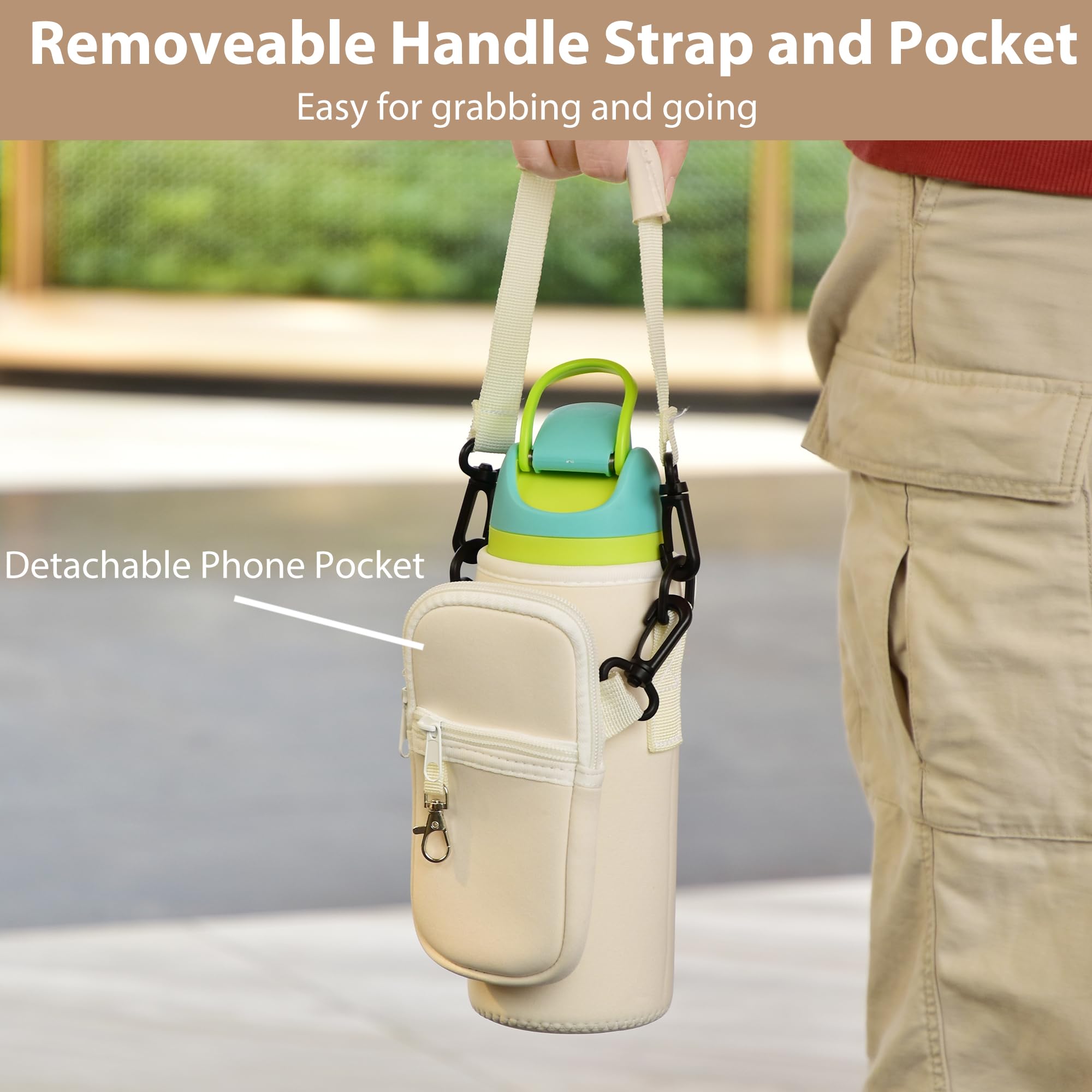 Icesip Water Bottle Carrier Bag with Strap for Owala FreeSip 32oz with Detachable Phone Pocket for Owala Accessories 32oz Water Bottle Sleeve for Walking Camping Gym Off White
