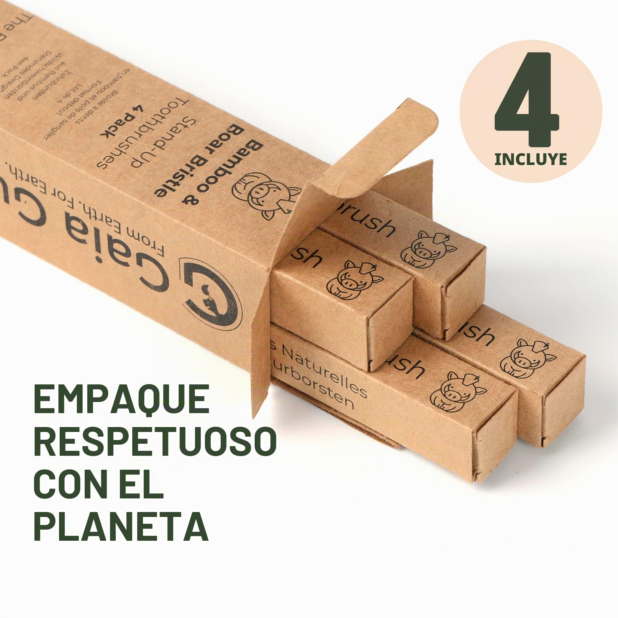Gaia Guy Cepillos de dientes de cerdas de bambú y jabalí, paquete de 4, cerdas naturales de jabalí, sin plástico, mango de pie, cuidado bucal minimalista y de bajo desperdicio