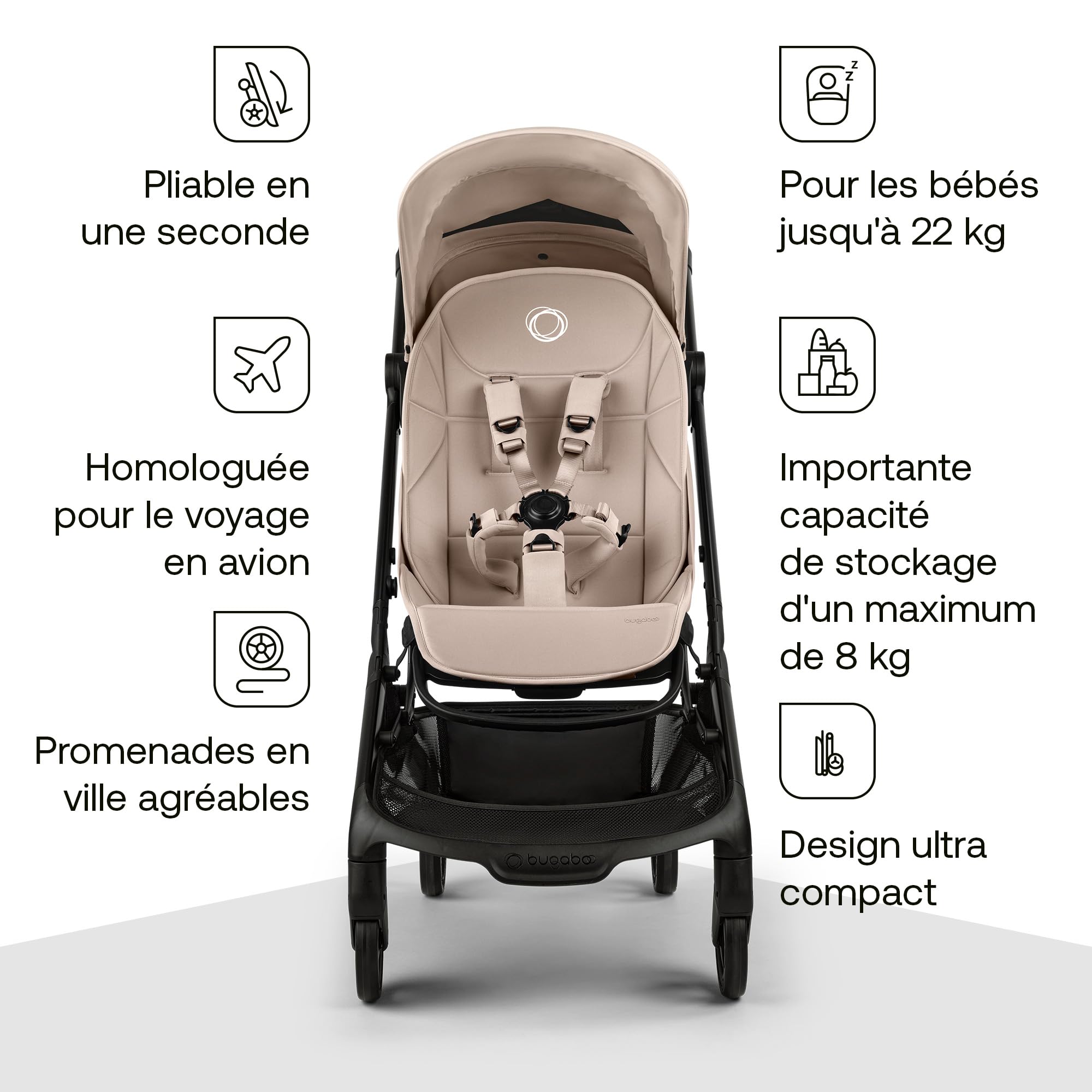 Bugaboo Butterfly 2 Poussette de voyage légère pliable dimensions cabine siège inclinable panier de stockage sangle de transport Desert Taupe