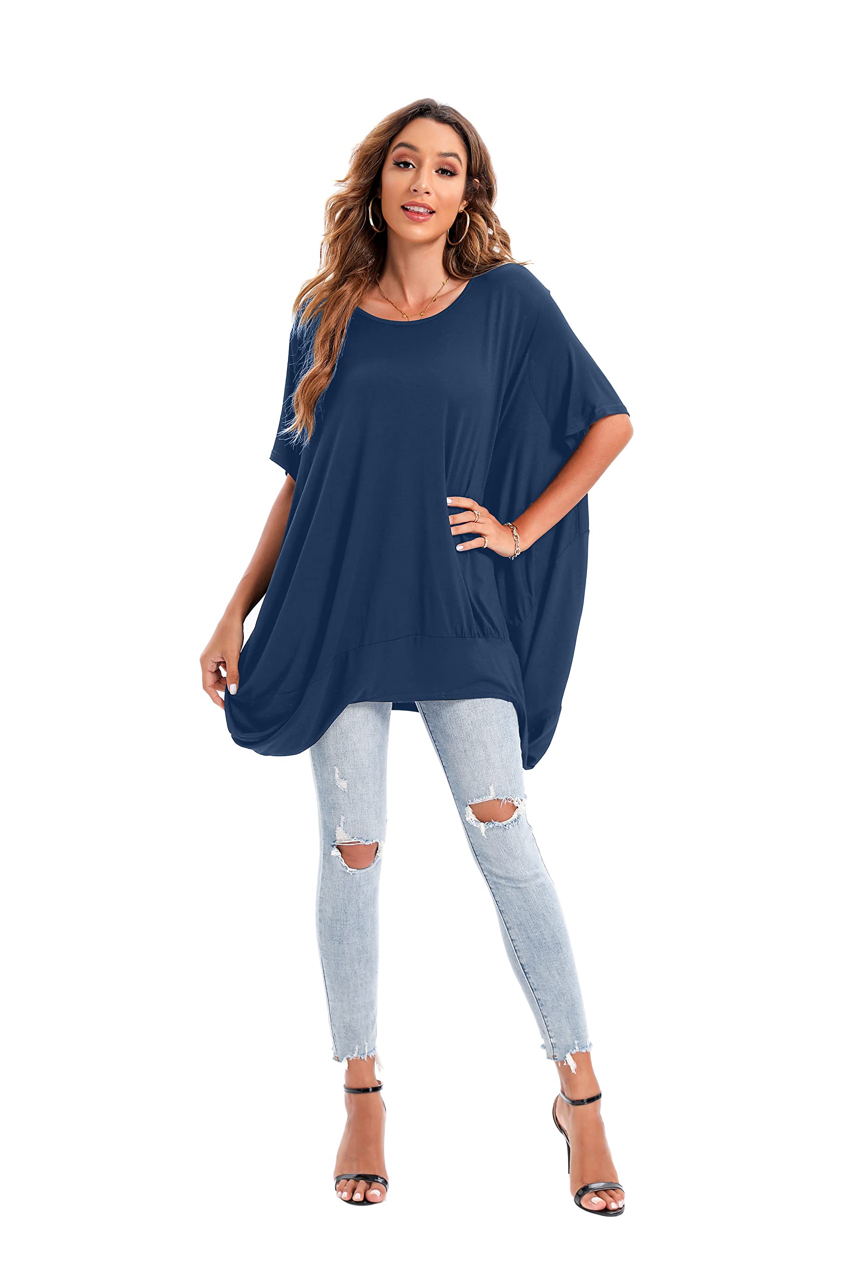 ellazhu GA200 T-shirt surdimensionné à manches courtes et col rond pour femme, bleu, S/XL