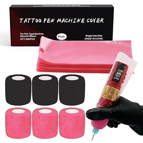LEEYUKA 200 fundas grandes para bolígrafos de máquina de tatuaje con 6 piezas de cinta de agarre para máquina de envoltura de máquina de tatuaje,