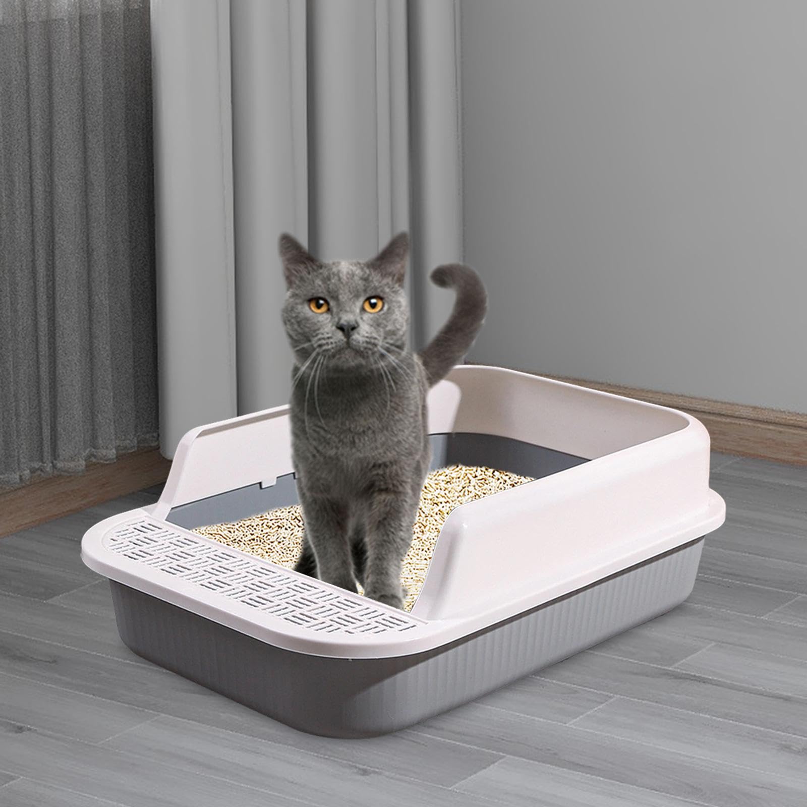 Lettiera per Gatti, Toilette per Gatti Semichiusa, Cassette Igieniche per Gatti Antispruzzo, Vaschetta per Sabbia per Gatti Grande, 53x35x18cm, Bianco e Grigio