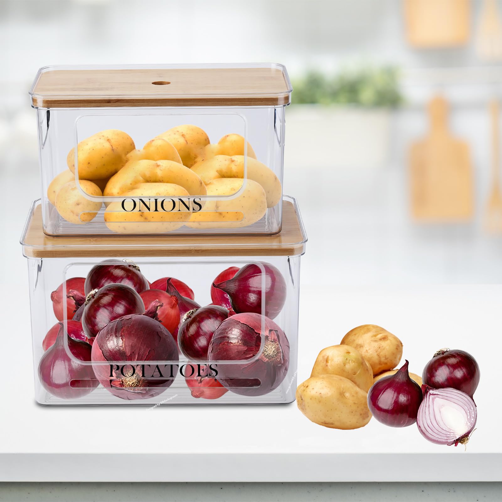 Kartoffel- und Zwiebel-Aufbewahrungsbehälter-Set, transparent, stapelbar, Obst- und Gemüse-Aufbewahrungsbox mit Deckel und Griff, Zwiebelkartoffelhalter, robuster Aufbewahrungskorb für