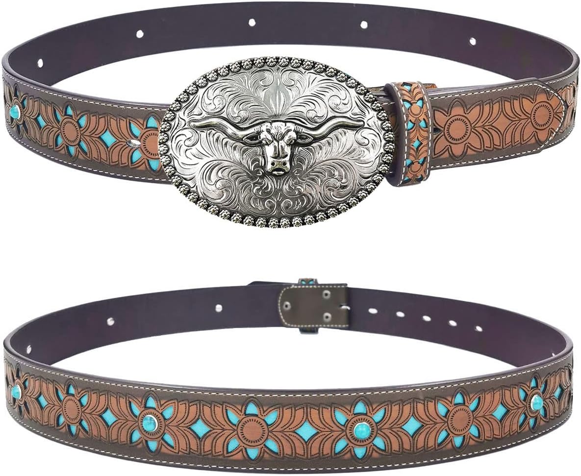 TOPACC Western Belts for Woman Men with Western Buckle Cowboy Cowgirl Country Belt for Jeans Pants - Image 2
