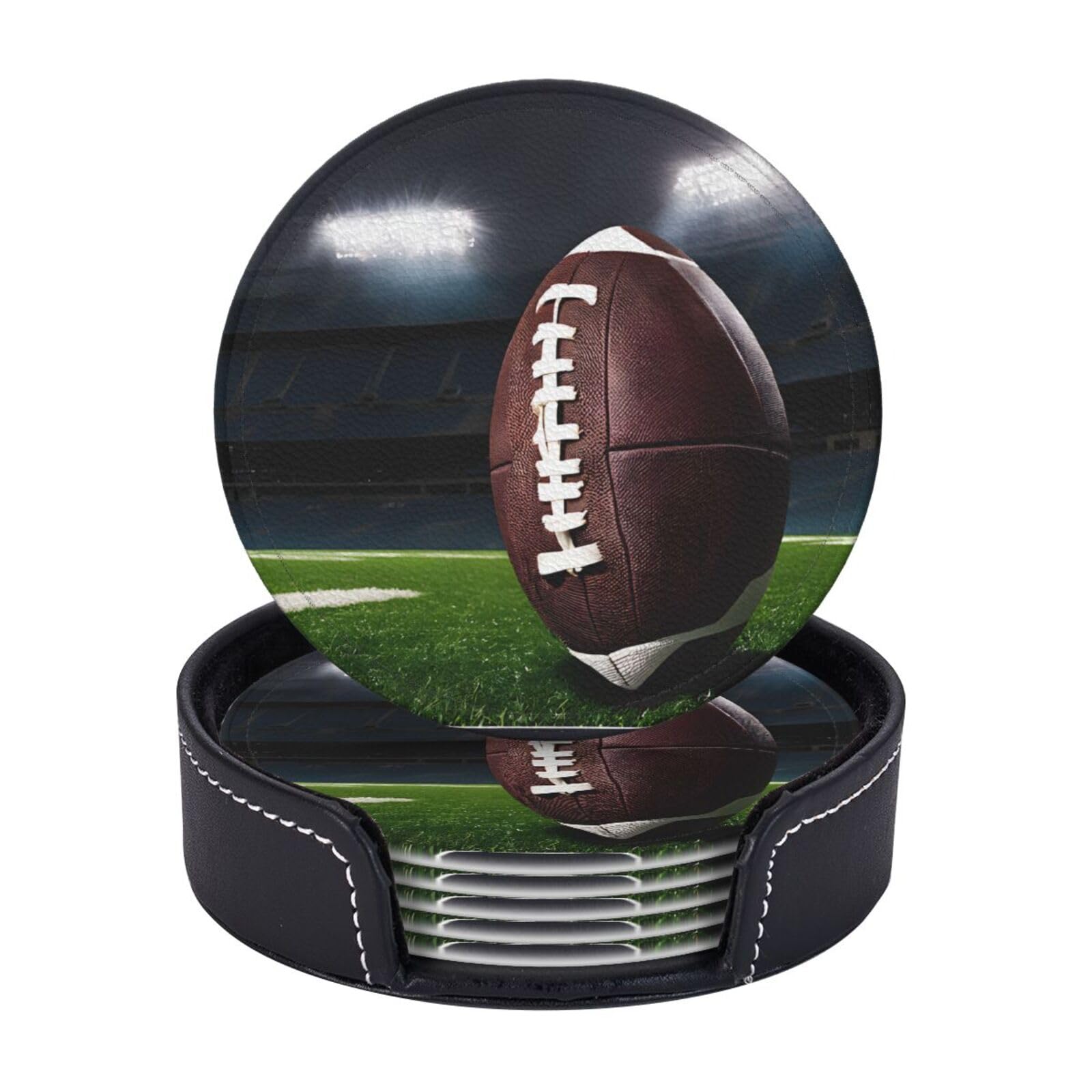 Coasters Set of 6 Microfiber PU leather Coasters with Holders for Drinks Coffee Bar Accessories, House Apartment Coffee Table Decor, Housewarming Gifts - Football