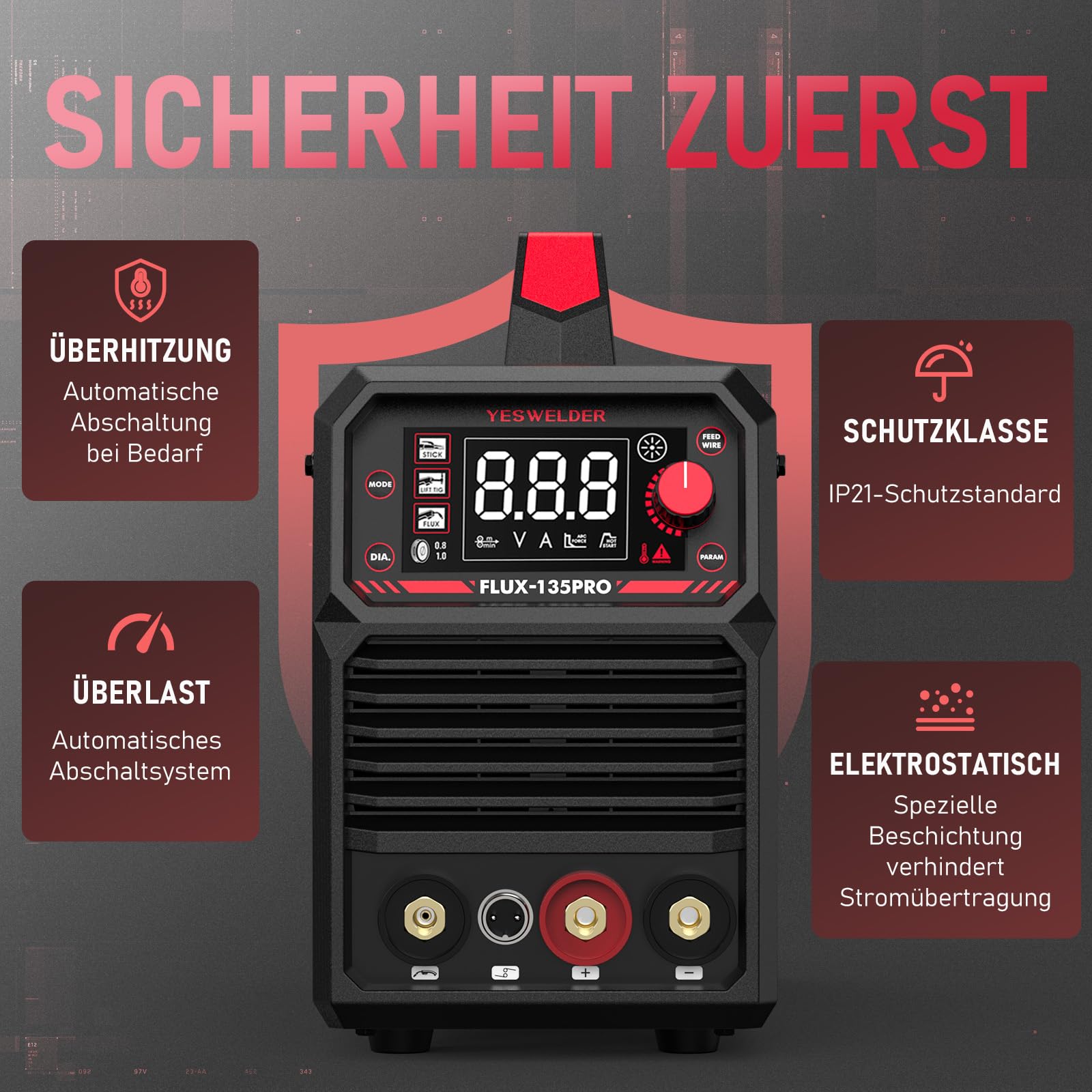 YESWELDER 135Amp MIG Fülldraht Schweißgerät ohne Gas, 230V Flux MIG/Lift TIG/Stick 3-in-1 Fülldrahtschweißgerät LED Digitalanzeige Schweißgerät mit 2 Spulen Fülldraht