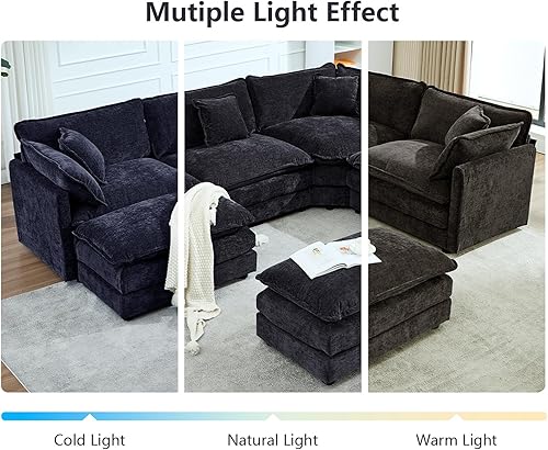 Miniatura 8 de Sofá seccional modular en forma de U, sofá esquinero de chenilla de gran tamaño, cómodo sofá nube con otomana chaise, sofás seccionales modernos de