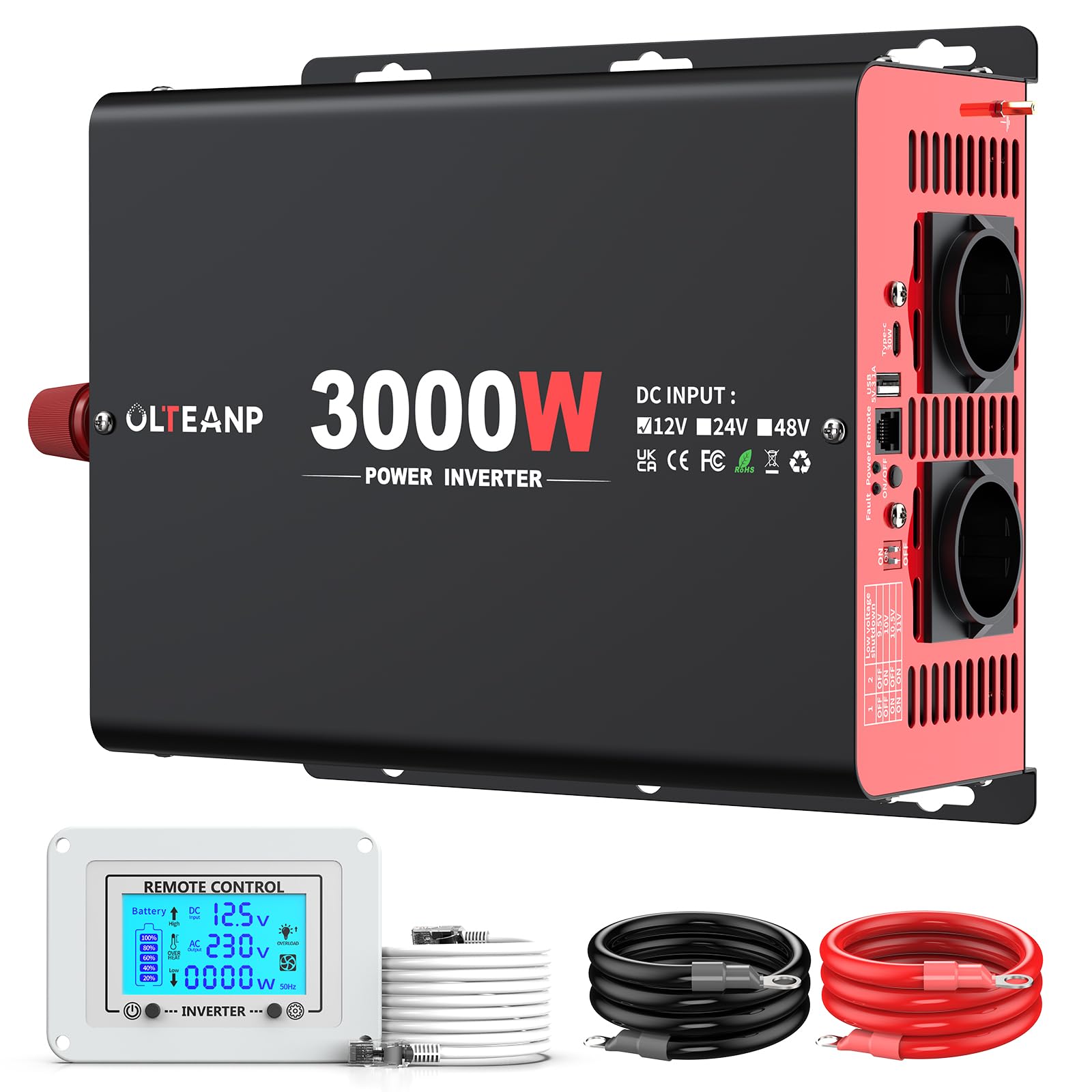 Inversor De Corriente De 3000 W (12 V CC a 230 V Ca) para Coche con 2 Salidas De Ca, Puerto Tipo C De 30 W, Puerto USB De 3,1 A y Control Remoto En Pantalla LCD. Convertidor De Potencia para Camión