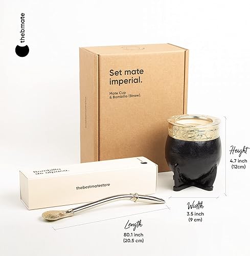Miniatura 2 de [Imperial Premium Set Yerba Mate Gourd Original Natural Calabash Teacup – Cuero Negro Envuelto Hecho a Mano en Uruguay – Set Mate Imperial con