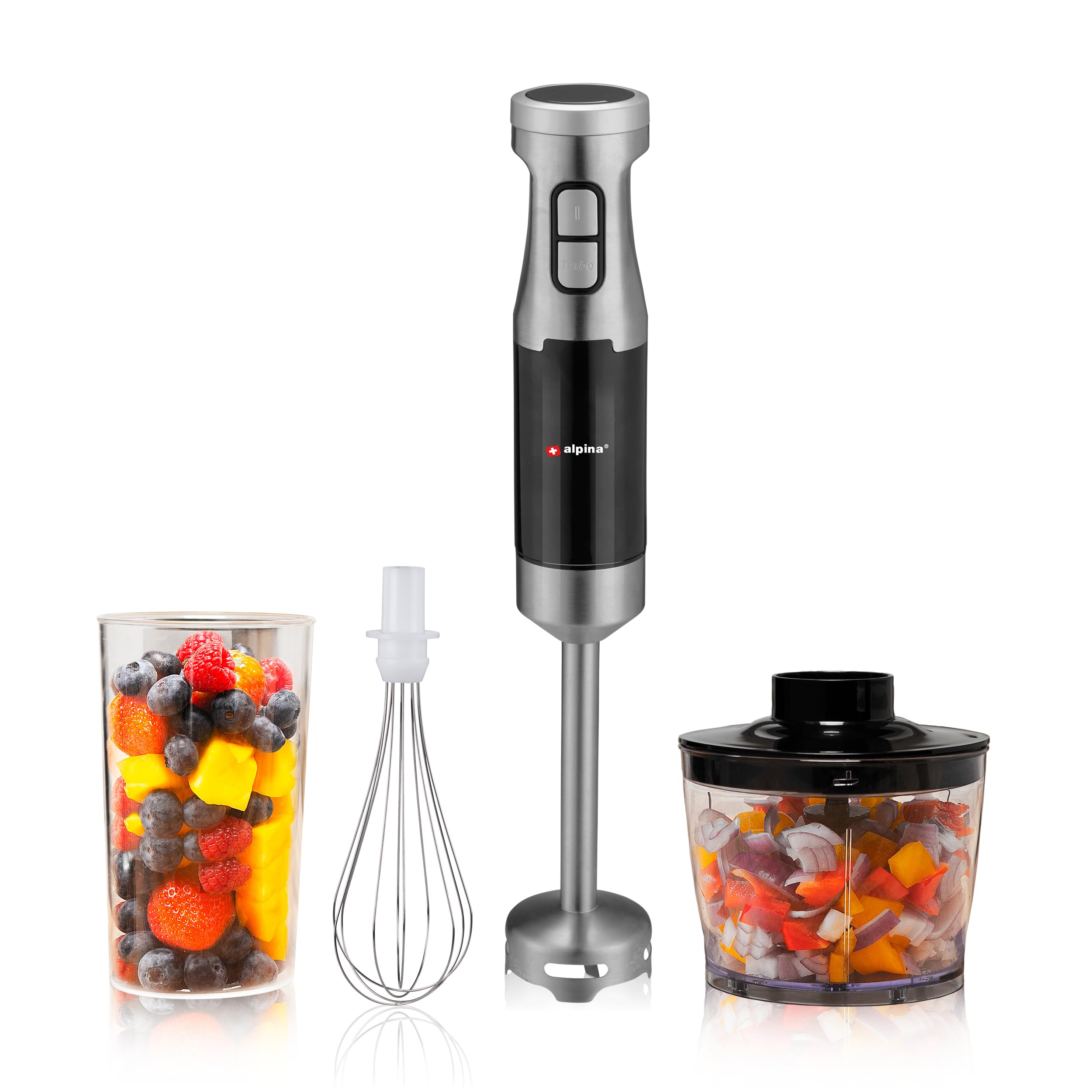 alpina Batidora de Mano con Accesorios HB6700F-N - Picadora - Batidora - Batidora - 1000 W - Incl. Vaso Medidor 700ML - Batidora 4 en 1 - Sin BPA - Acero Inoxidable
