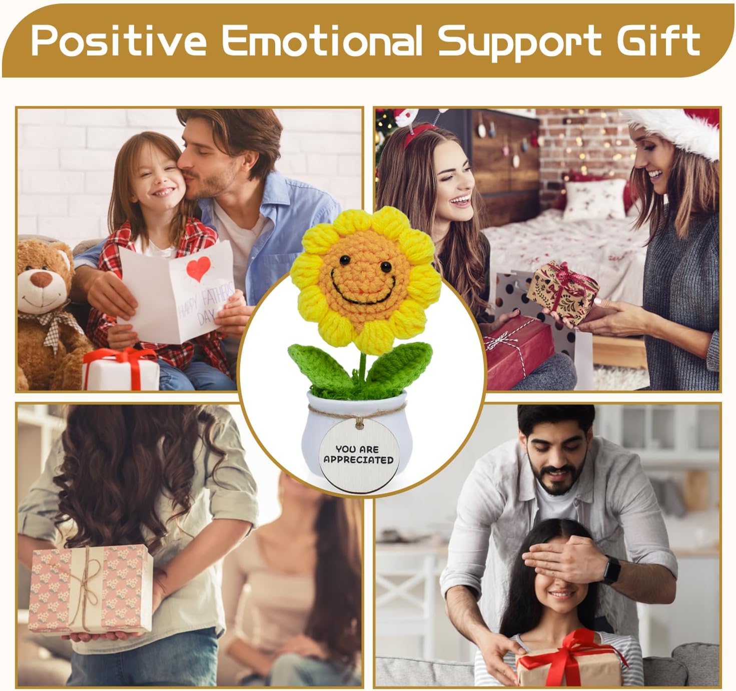 MSEHKM Encouragement Crochet Flowers with Positive Wooden Affirmations Handmade Artifical Flower Decor Ideal for Birthday/Christmas/Thank You Present (Gold Sunflower, You are Appreciated) - Image 6