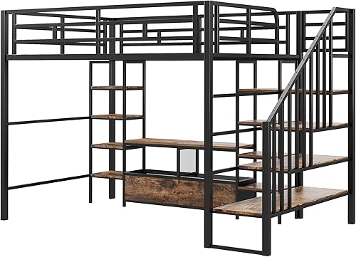 Miniatura 17 de LZ LEISURE ZONE Cama alta individual con escritorio, marco de cama alta de metal, cama tipo loft tamaño individual con escalera y barandillas de