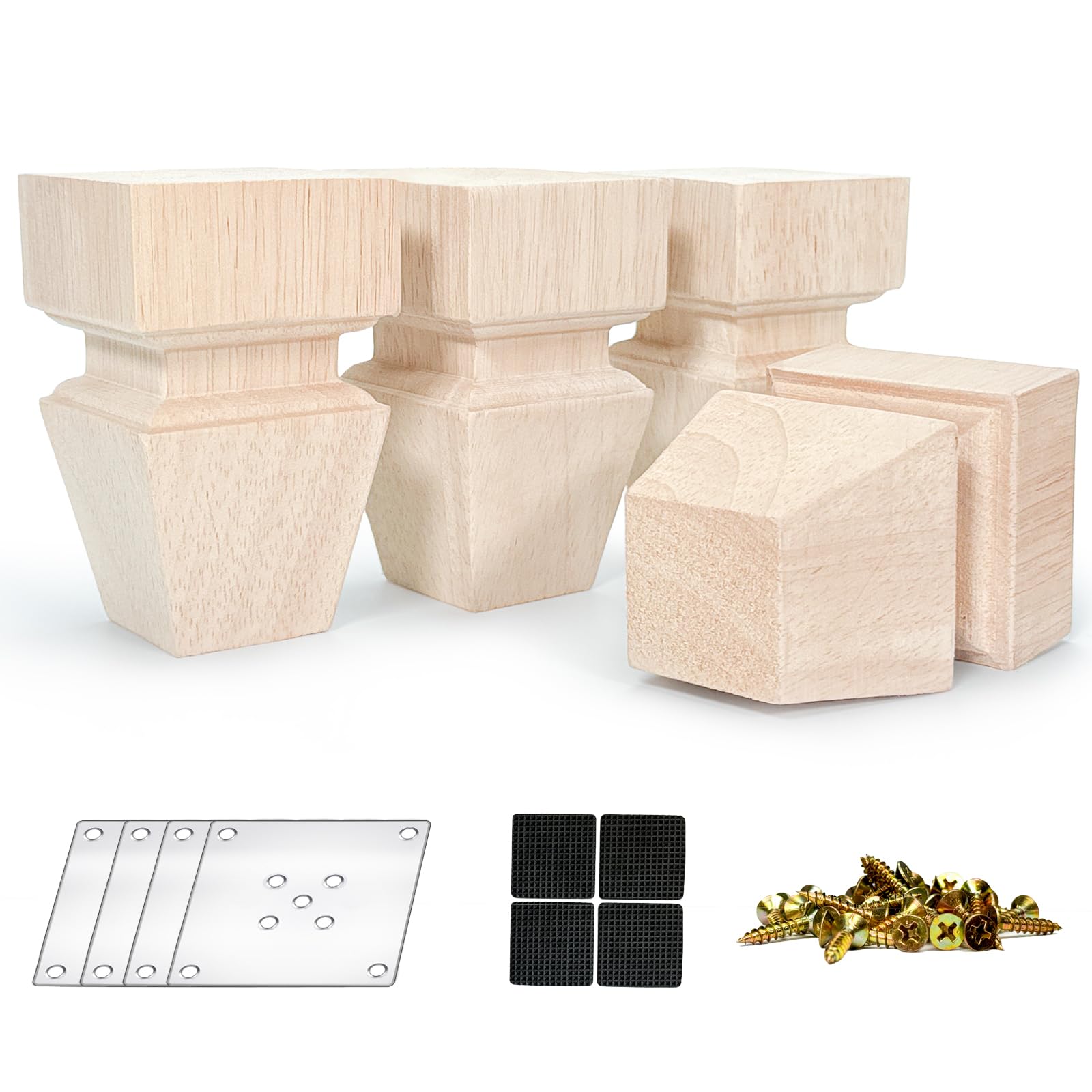 Crapapfert 4 Inch Wooden Furniture Legs, Set of 4 Replacement Solid Wood Unfinished Square Furniture Bun Feet for Couch Chair Sofa Dresser Desk Table