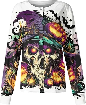 Printed Scrub Jackets for Woman Print Long Sleeve Plus Size Womens Scrubs for Women Nursing Jacket with Pockets