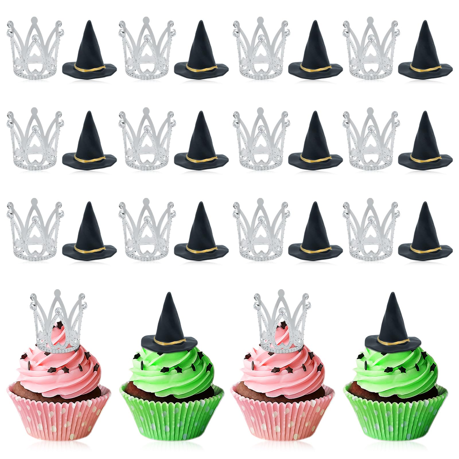 24 Pcs Witch Hat and Crown Cake Topper,Wicked Cake Topper and Wicked Cupcake Toppers,For Party, Birthday Cake, Craft Decoration