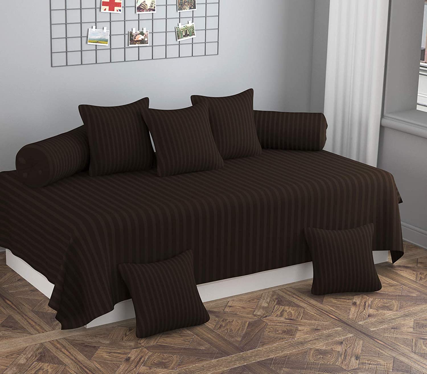 Castiqa Satin Fabric Stripes Patter Diwan Blend Set of 8 Pcs One Single Bed Sheet with 5 Cushions Covers and 2 Bolster Covers (Brown)-image-11