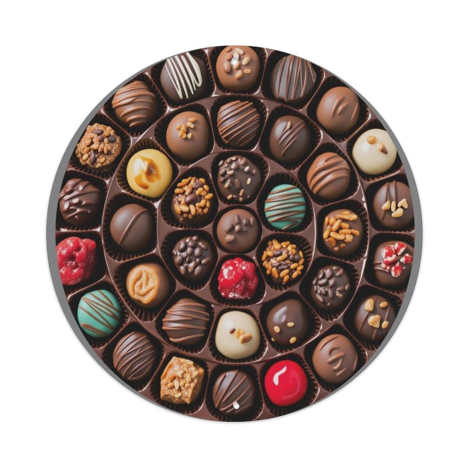 Assorted Chocolate Truffles Round Decor Sign Vintage Aluminium Metal Sign, Retro Wall Decor for Home, Bar, Garage & Farmhouse 20x20cm