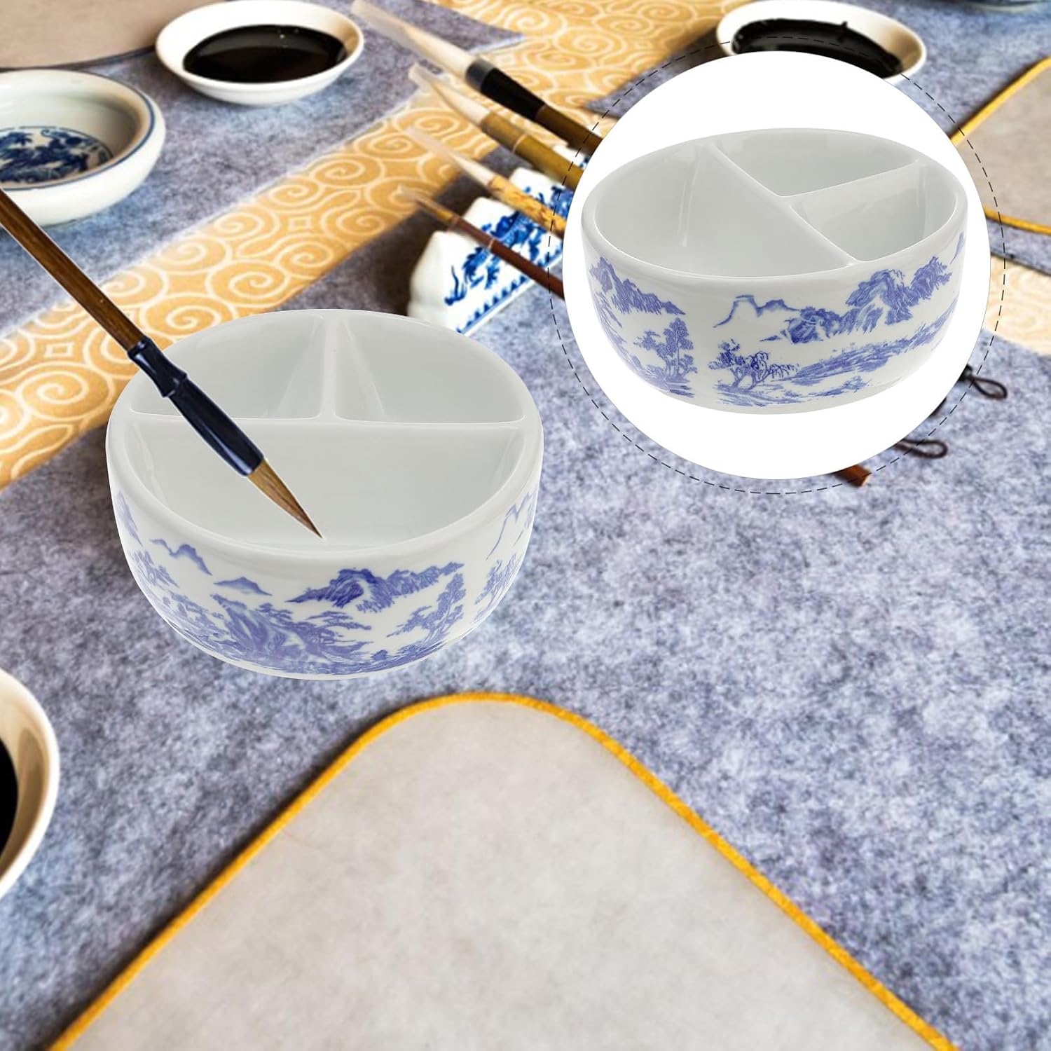 Ceramic Color Mixing Tray and Wash Brush Pot for Painting