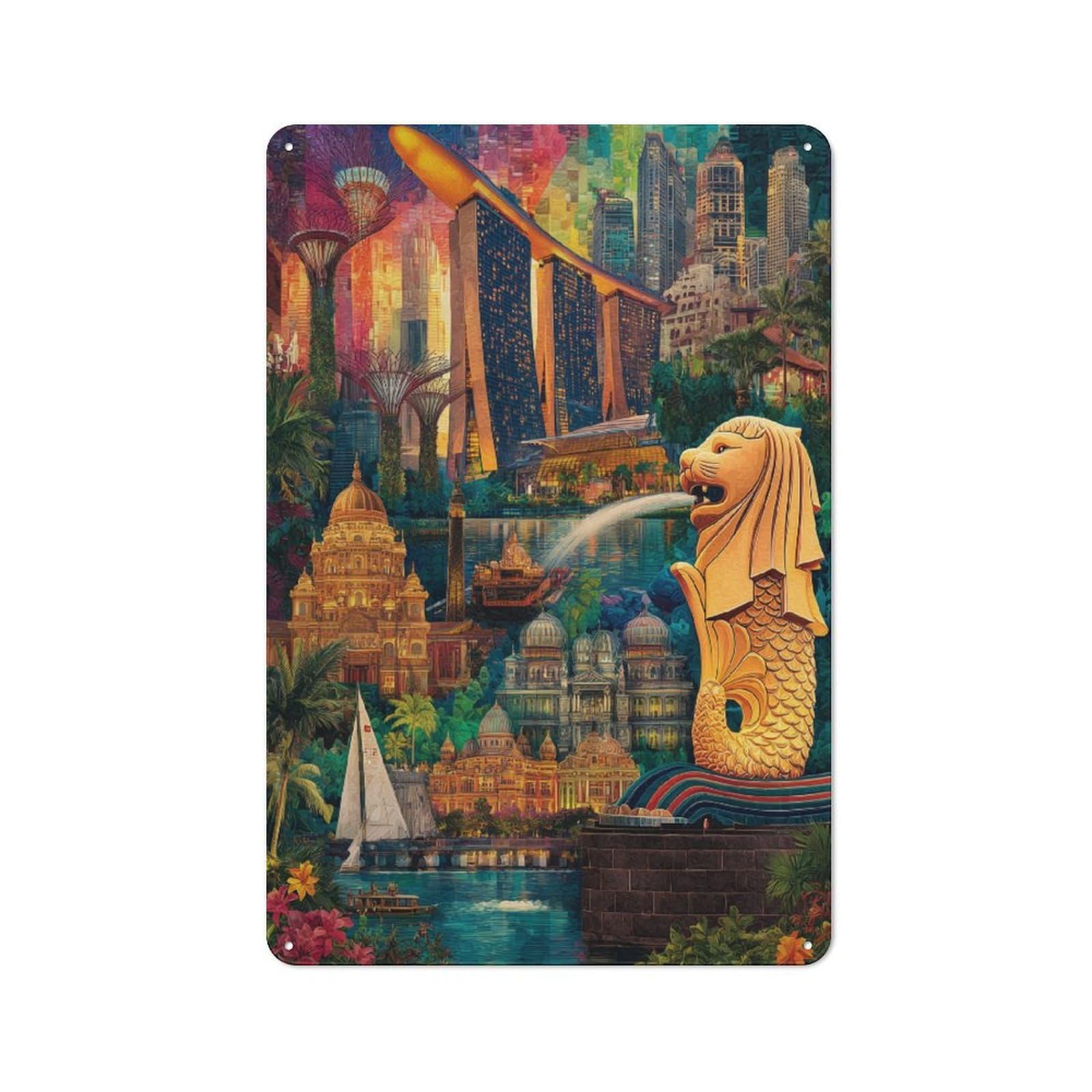 Junmoney Merlion Statue And Singapore Skyline Tin Wall Plaque 30X20cm With For Garage Wall, For Collectors Of Retro Metal Wall Decor