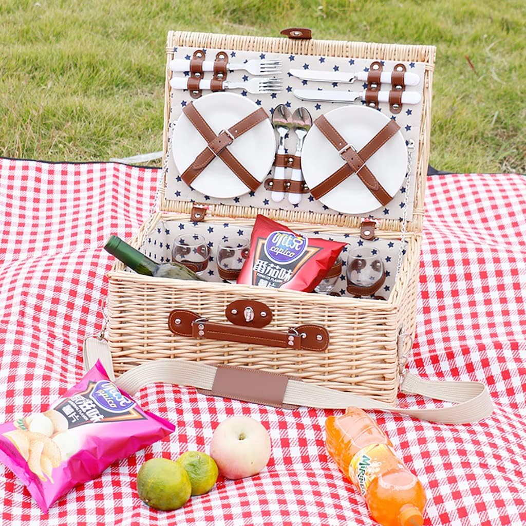 Picnic Basket Classic Picnic Basket Set for 4 Persons,Willow Picnic Basket Handmade Natural Wickerr Basket with Tableware Set for Outdoor Picnic Or Camping. Perfect Thoughtfu (B 46x31x20cm)