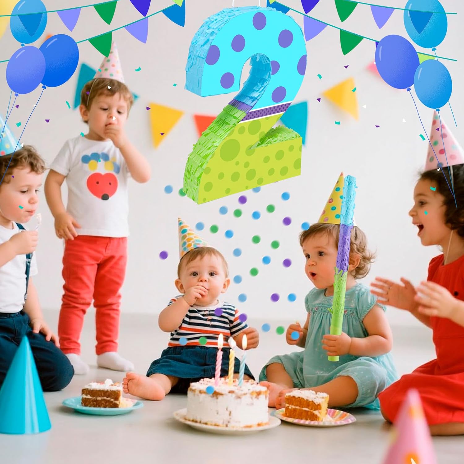 Monster Birthday Party Decorations,15.7‘’ Monster Number 2 Pinata with Stick Blindfold Confetti for Girls Boys 2nd Birthday Activity Game Gift (2nd)