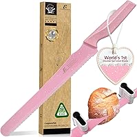 CoquusAid 2025 Double Serrated Bread Knife with 5-Thickness Adjustable Guide - Razor Sharp Stainless Steel for Sourdough, Crusty Bread, Pink