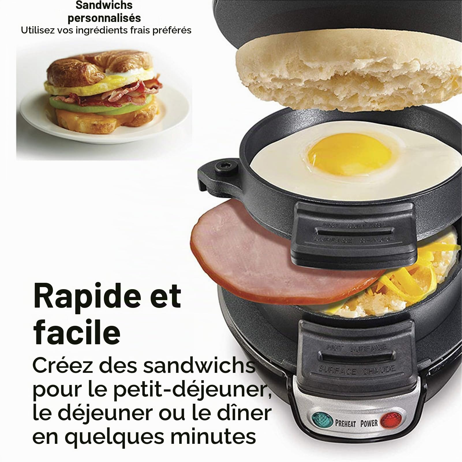 Hamburger Maker, Breakfast Sandwich Maker 3 en 1, Presse pour Grill électrique, Cuisson Non-bâton Revêtement (Gris)