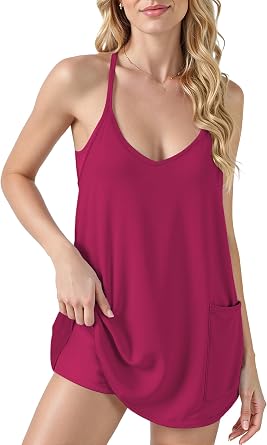 Buauty Women Summer Sleeveless Mini Rompers Dress, Built-in Shorts & Pockets, Workout Tennis Outfit for Running, Yoga, Beach Hot Pink