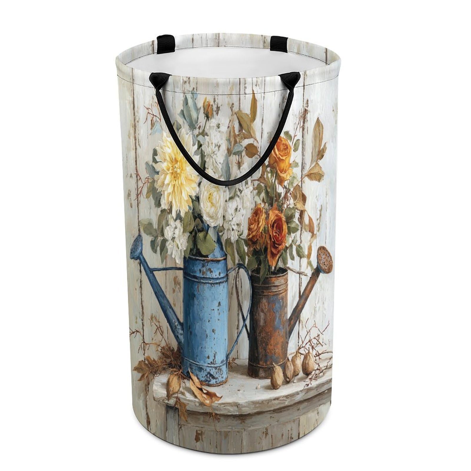 LUYYSKY Rustic Watercolor Floral Pattern Versatile Storage Laundry Basket, Vintage Realistic Wooden Board Botanical Plant Flowers Large Capacity Bathroom Hamper With Handle