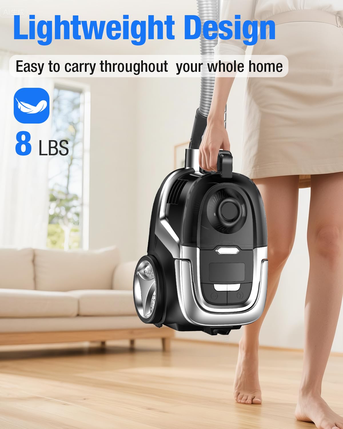 Zefiro Max 1600W Bagless Canister Vacuum Cleaner, 40kPa Powerful Suction, Lightweight, Auto Cord Rewind, HEPA Filter, Corded Vacuum for Floors, Carpets, Pet Hair in Homes & Apartments, Larger Capacity - 4