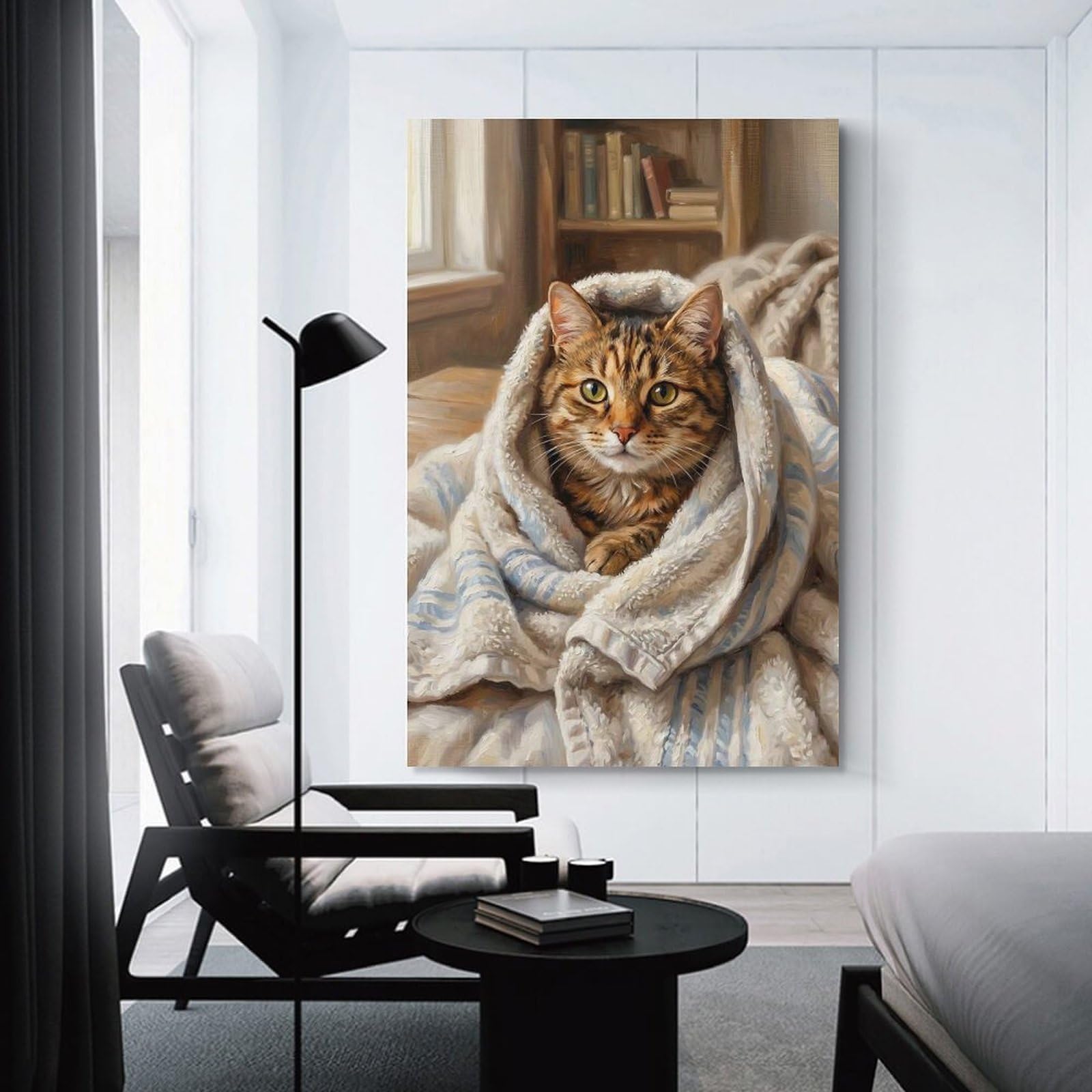 Junmoney Decorative Canvas Print Cozy Cat Wrapped in Blanket, 12x18inch(30x45cm), for New Homes, Bedrooms Or Workspaces, Thoughtful Wall Decor for Art Lovers