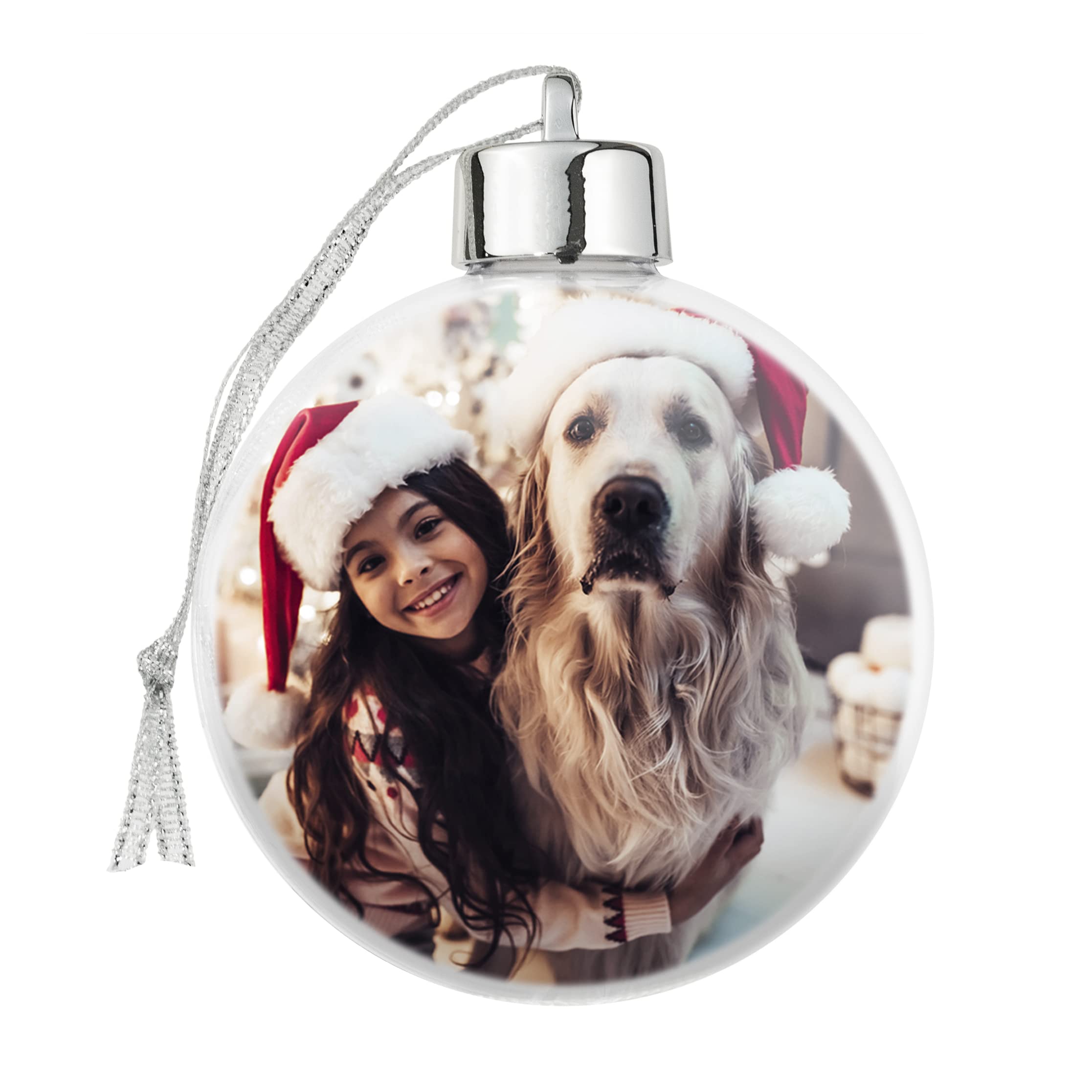 Shot2go Silver Personalised Large Christmas Photo Bauble In Gift Box - Holds 2 80Mm Photos