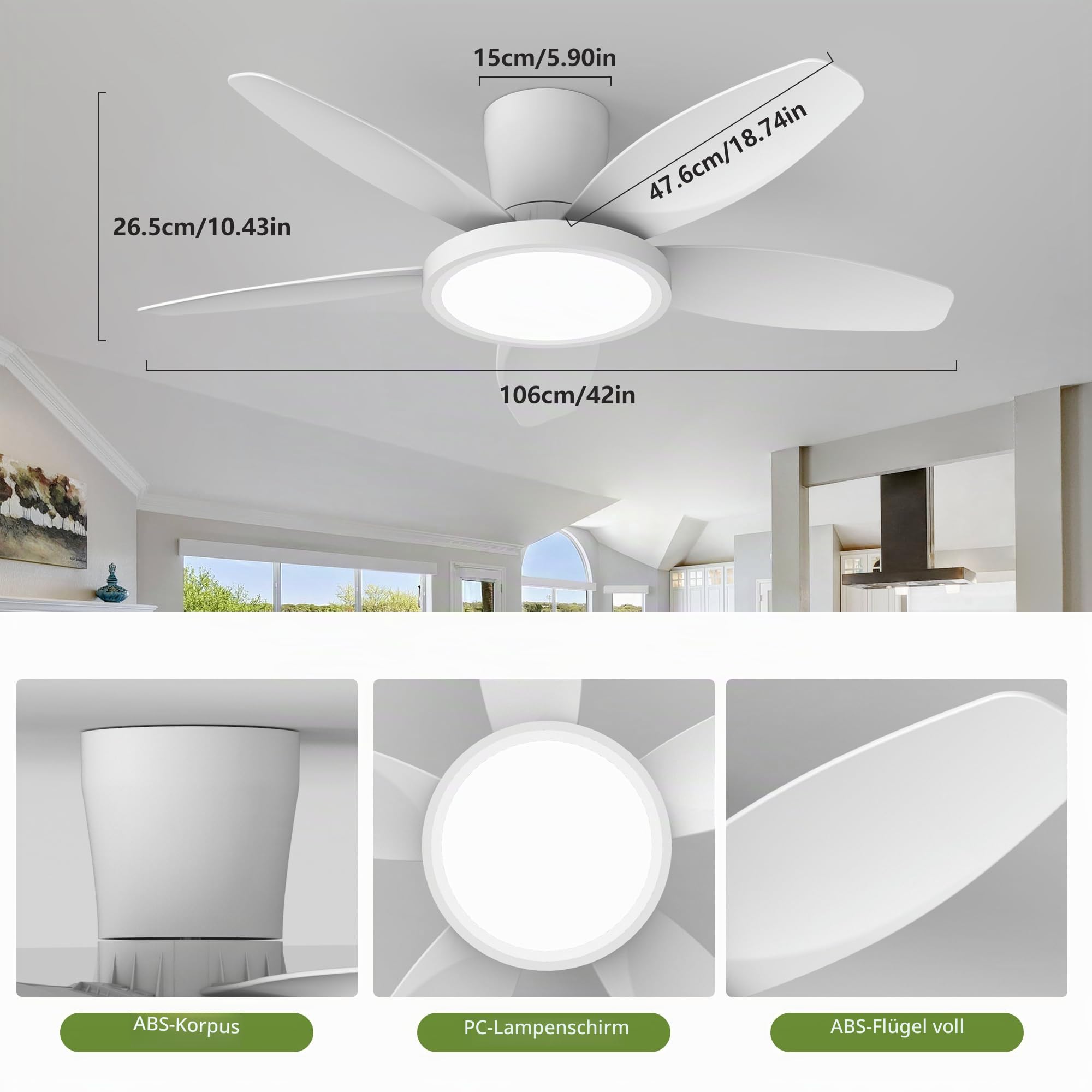Qcyuui Deckenventilator mit Beleuchtung 106cm Weiß LED Deckenleuchte, Deckenventilator mit Fernbedienung für Wohnzimmer Schlafzimmer Küche