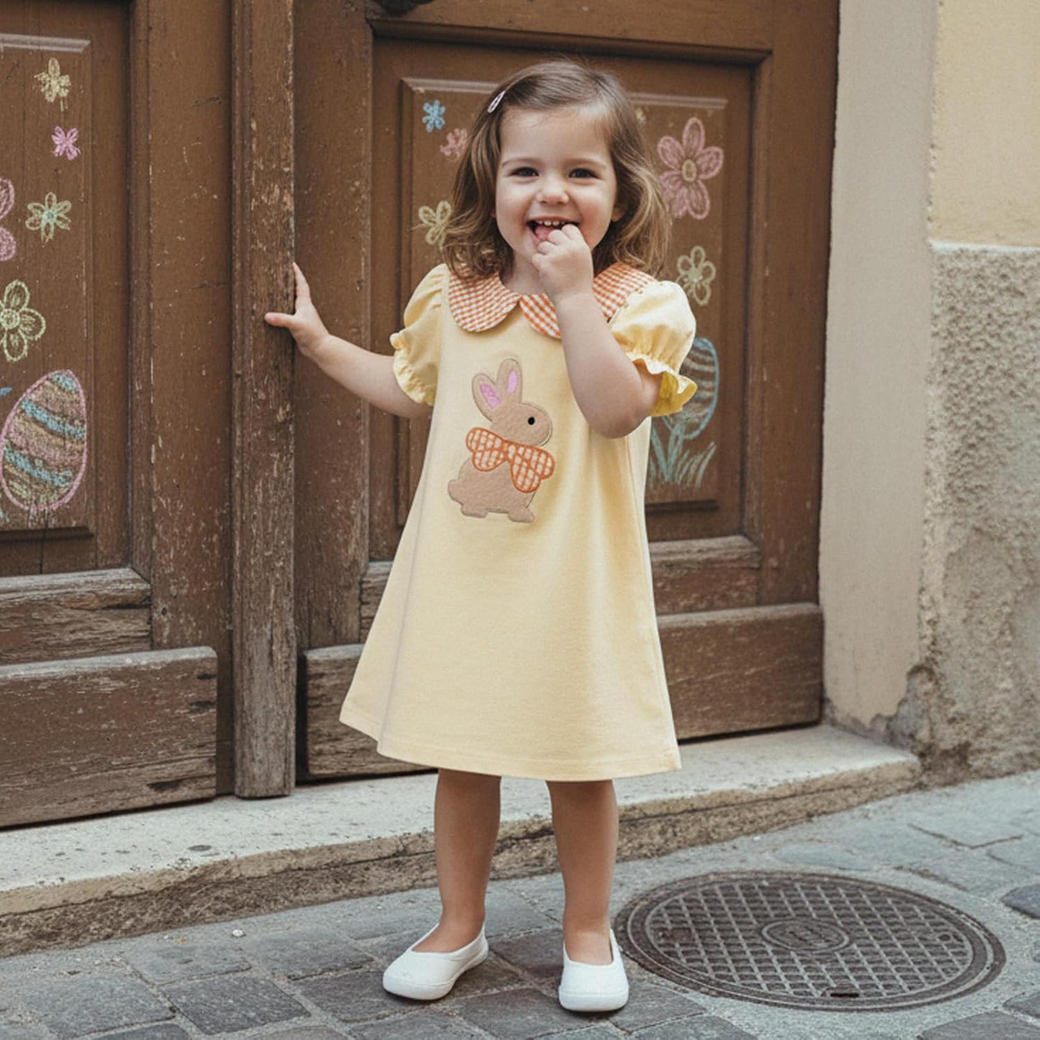 Toddler Baby Girl Easter Outfit Bunny Embroidery Plaid Doll Collar Puff Short Sleeve A Line Dress Clothes Summer - Image 2
