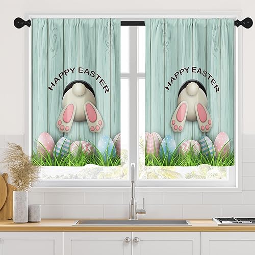 Arttown Cortinas de cocina con diseño de huevos de Pascua, divertidas cortinas cortas de conejo para ventana, juego de 2, cortinas de madera para