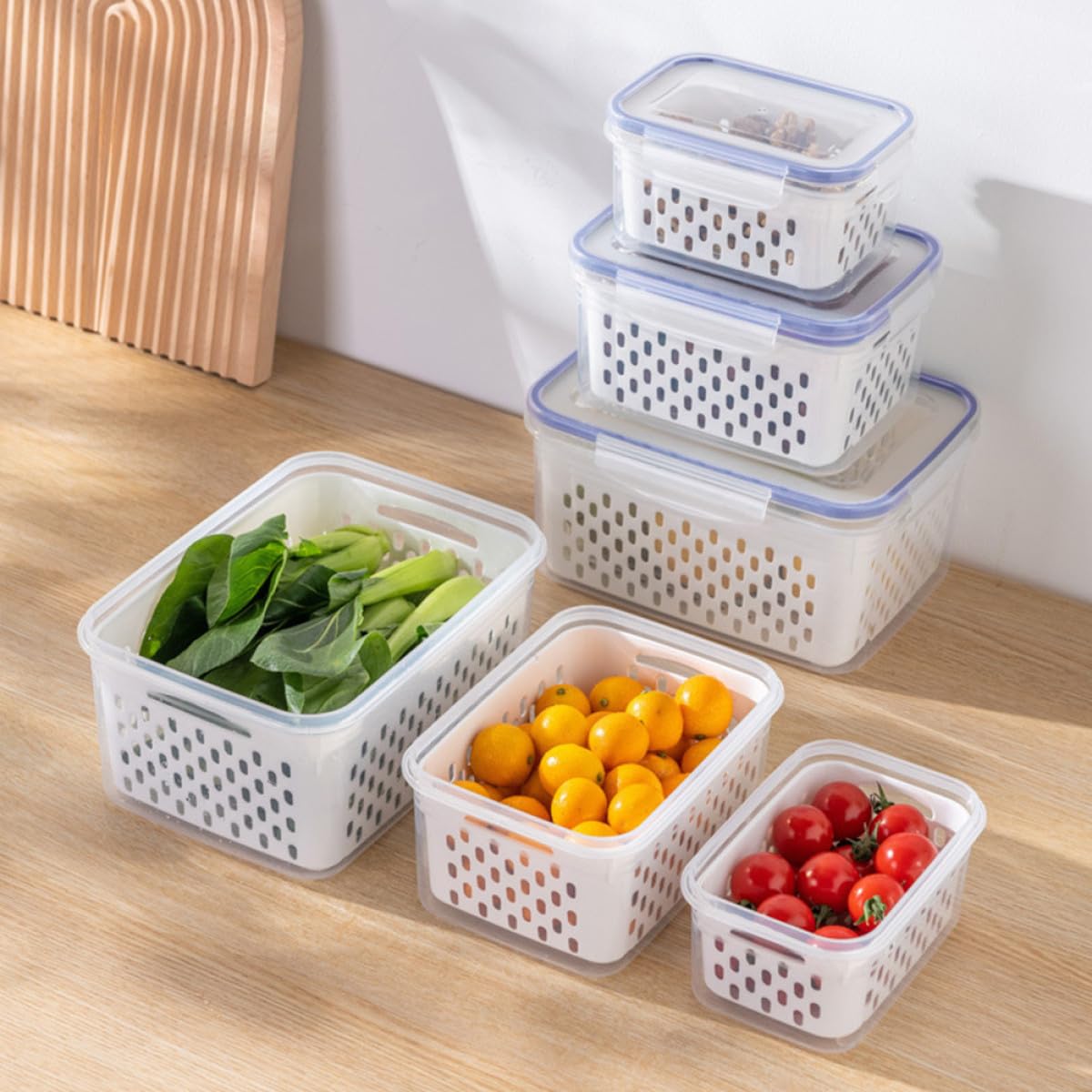 SHINEOFI Contenedores de Alimentos Rectangulares 3 Piezas Transparentes con Tapa y Cesta Escurridora Desmontable para Refrigerador, Cajas Herméticas para Frutas y Verduras, Almacenamiento