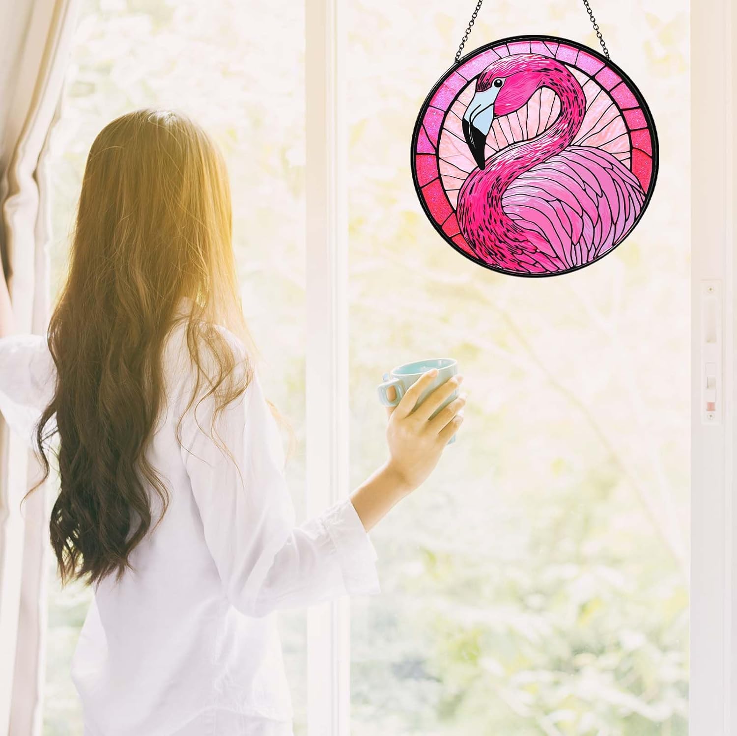 Flamingo Stained Glass Window Hanging 7.87inch Bird Light Sun Catcher Gifts for Women Wall Decor Handmade Flamingo SunCatcher Decoration for Garden Home Decor