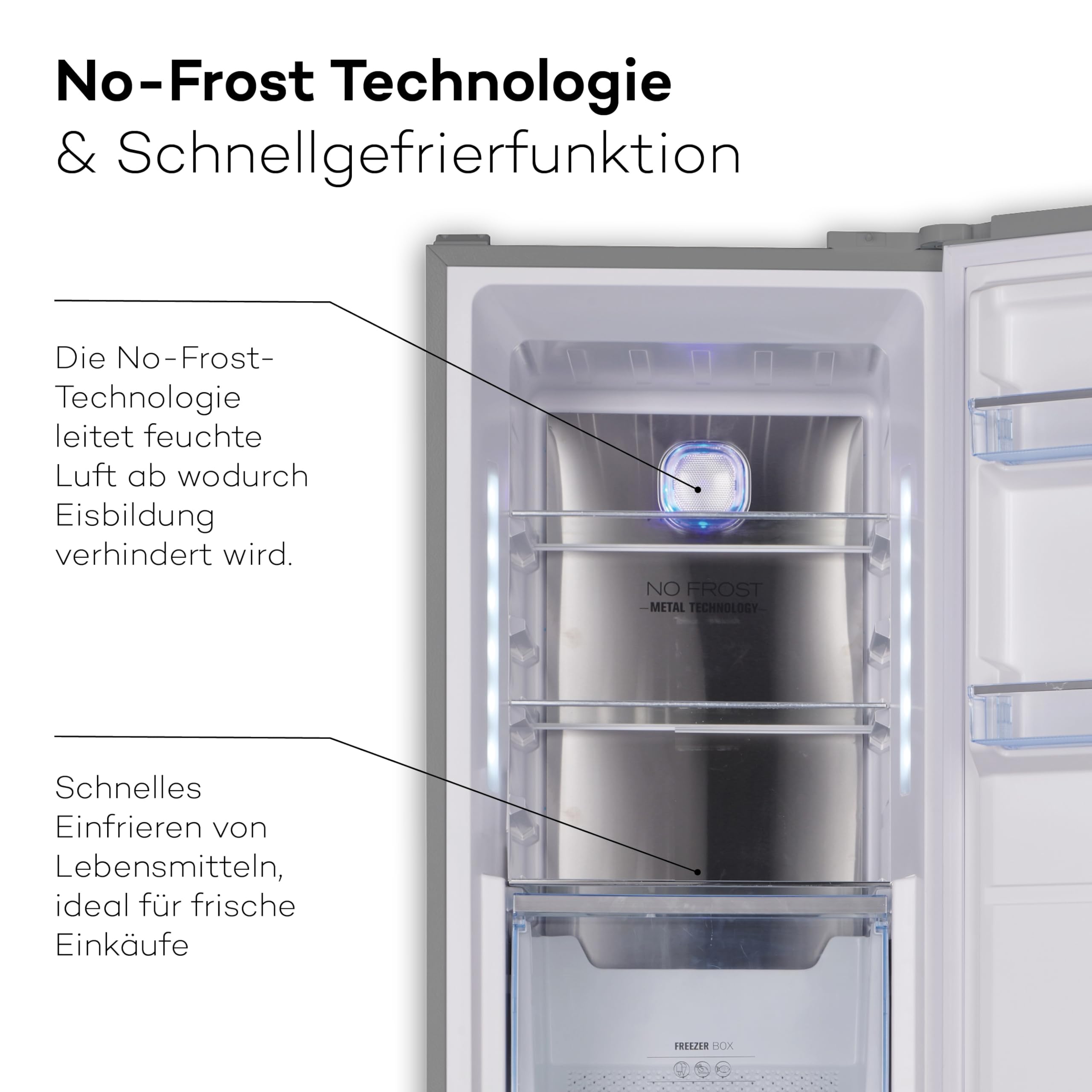 SCHOEPF – GS282IX Gefrierschrank 185 cm – Edelstahl – 282 L – No-Frost Technologie – Schnellgefrierfunktion – 42 dB – höhenverstellbare Füße – Energieeffizient – 249 kWh/Jahr