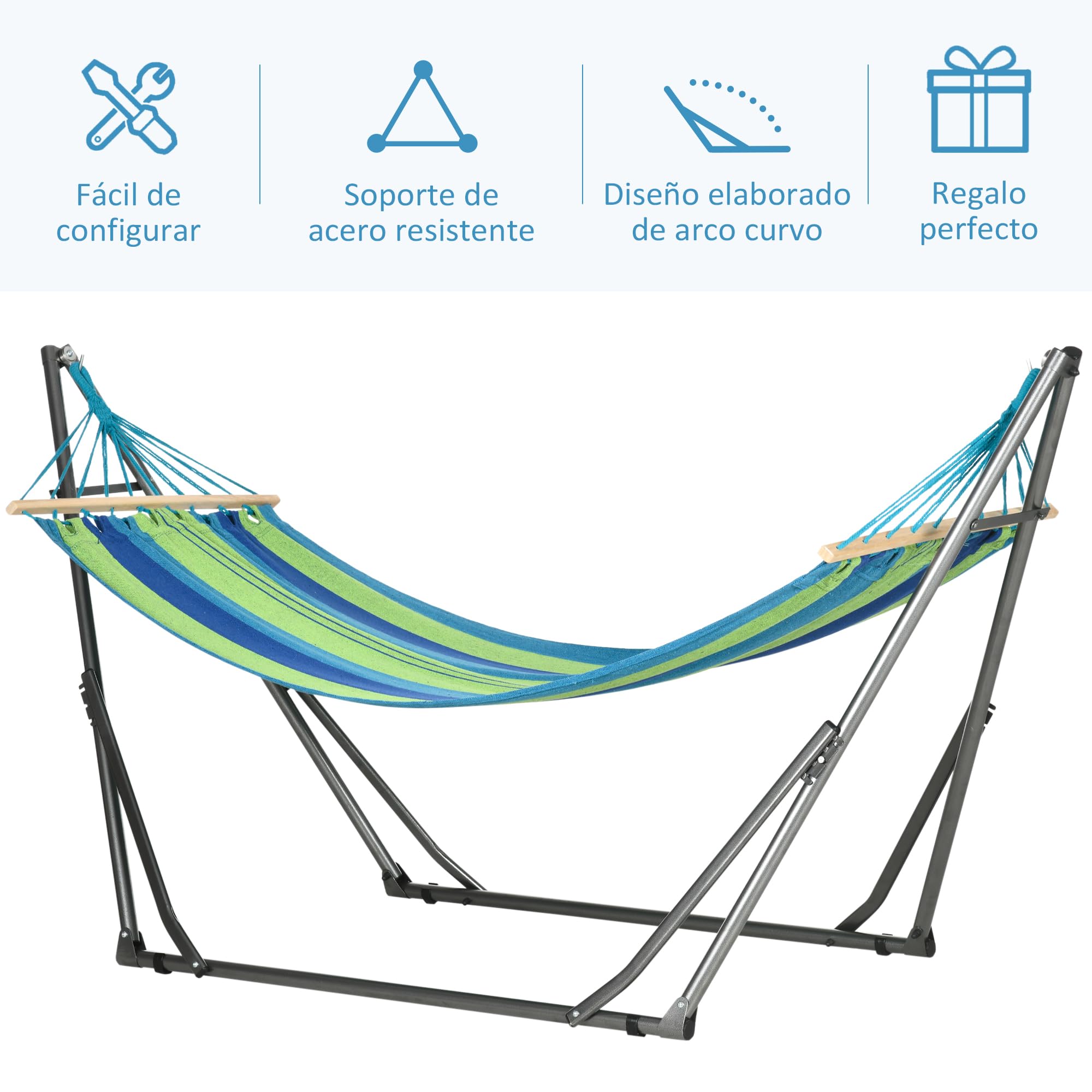 Outsunny Hamaca con Soporte Plegable 2 en 1, Tendedero con Barra, Estructura de Acero, Hamaca de Camping Portátil de Algodón, Carga 120 kg, para Jardín, Patio, Terraza, 270x100x94 cm, Azul y Verde
