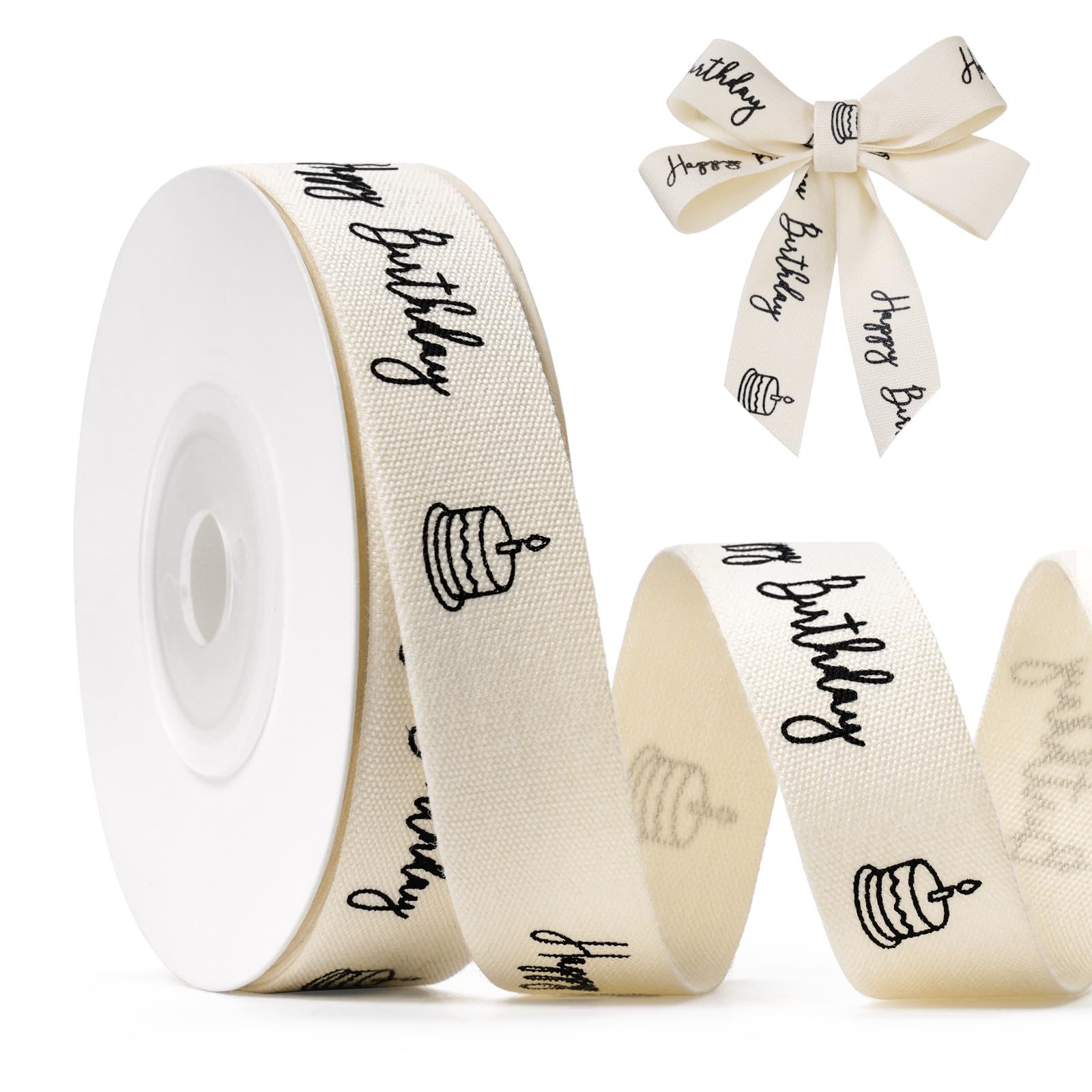 FAKILO Happy Birthday Printed Ribbon 5/8 Inch x 10 Yards Cotton Ribbon for Gift Packaging, Party Decorations, Anniversary Decoration, Handmade Cards