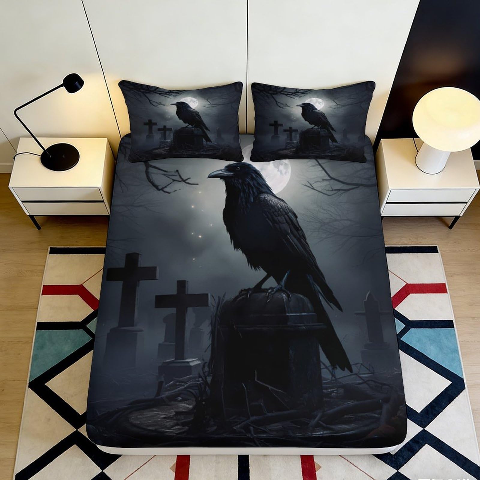 3D Printed Raven Crow Fitted Sheet Microfiber Soft Durable Cemetery Bed Cover for Bedroom Dormitory Guest Room Mattress Protection 200x200x25cm
