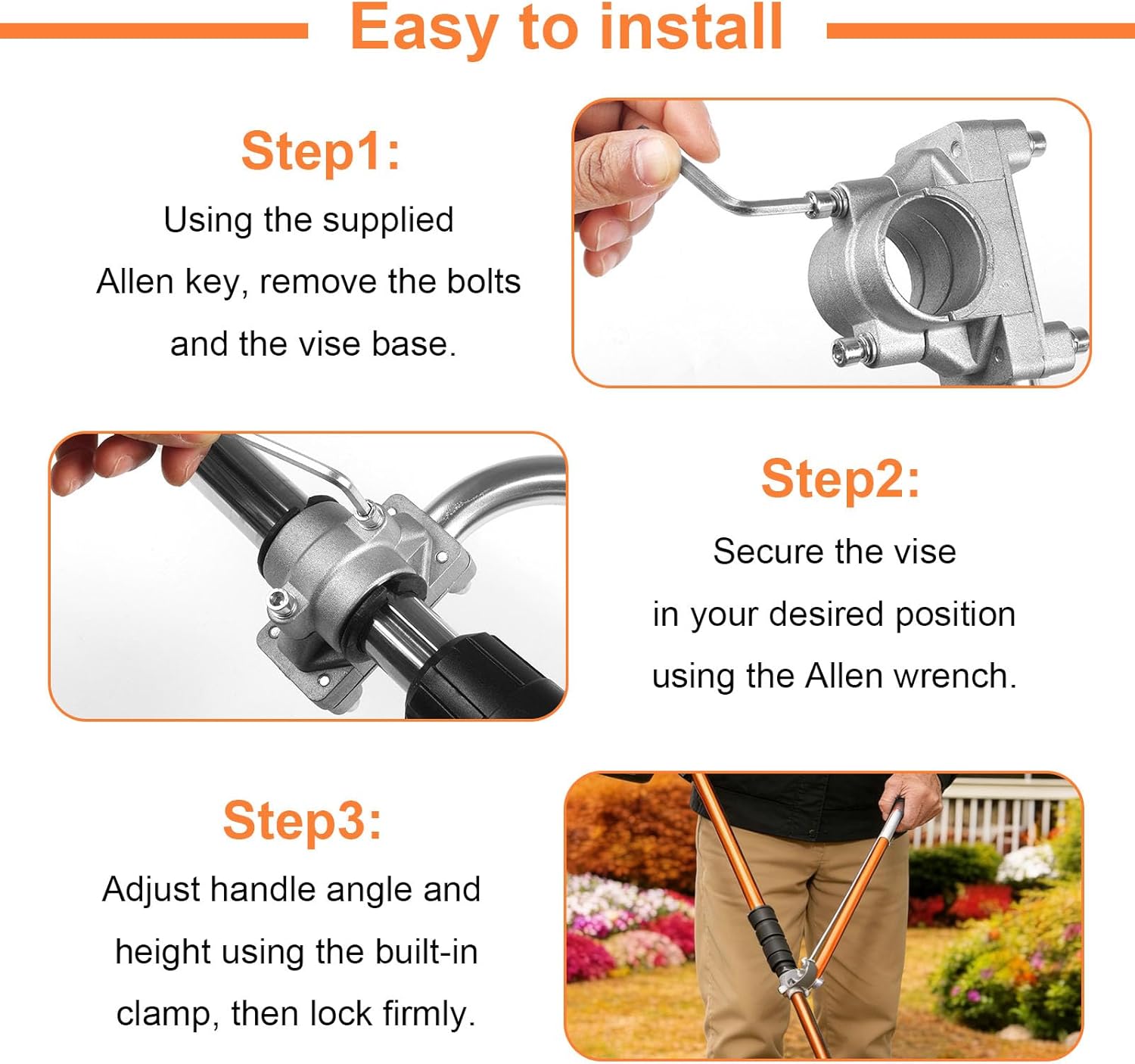 Ergonomic Trimmer Handle Grip for String Trimmer, Orange, 15 Inch Extension Handle with Bracket Clamp, Rubber Spacers 26mm/28mm, Rubber Washers, Allen Wrench Included, for Lawn Care and Landscaping