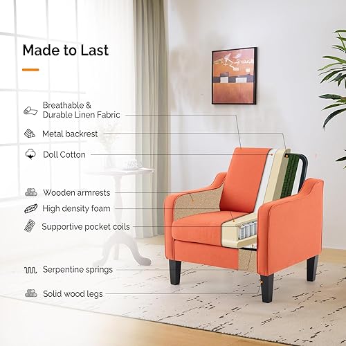 Miniatura 131 de VINGLI Silla decorativa moderna de mediados de siglo, sillas decorativas de tela beige para sala de estar, sillón tapizado, sofá con brazos