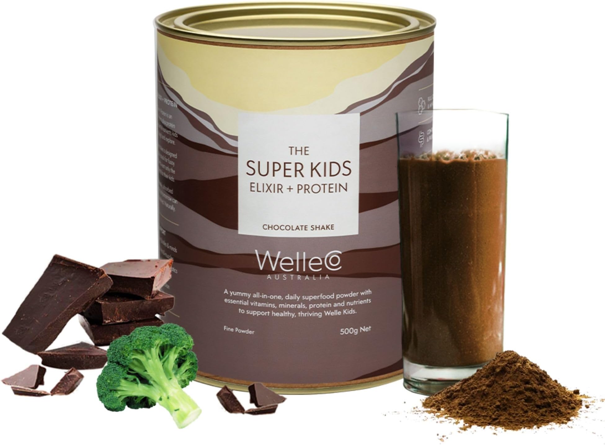 WelleCo, The Super Kids Elixir + Protein, Chocolate Shake, 500g Tin, Supports Cognitive Function, Immunity, and Energy