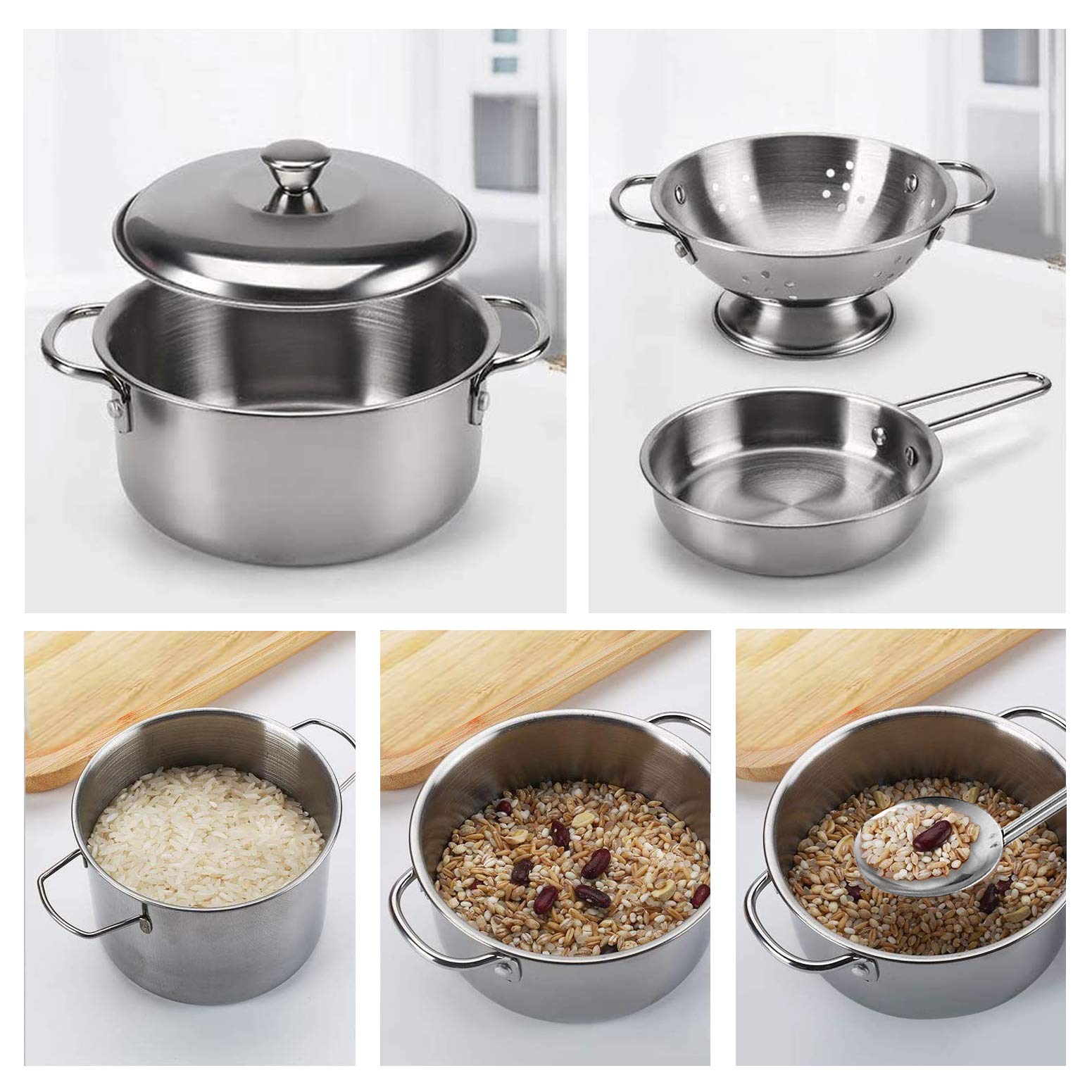 Juego De Cocina DeAO Para Niños – Set De Chef Con 3 Ollas De Acero Inoxidable, 5 Alimentos Para Cortar Con Sonido Crujiente Y 4 Utensilios – Juguete De Rol A Partir De 3 Años