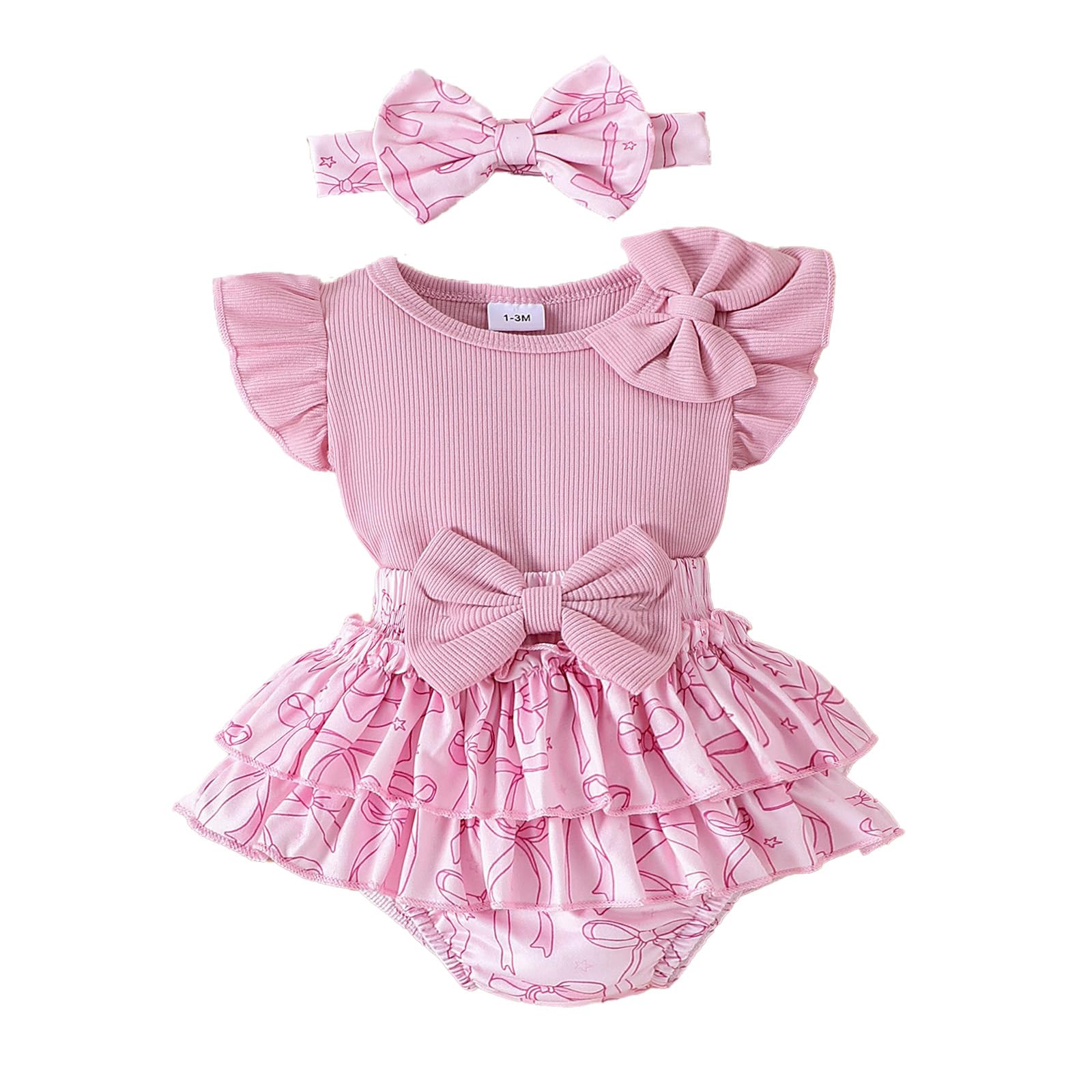 Conjunto Vestido para Niñas Recién Nacidas Top de Punto con Volantes de Sin Mangas + Bowknot Faldas + Diadema 3Pcs Elegante Ropa Trajes