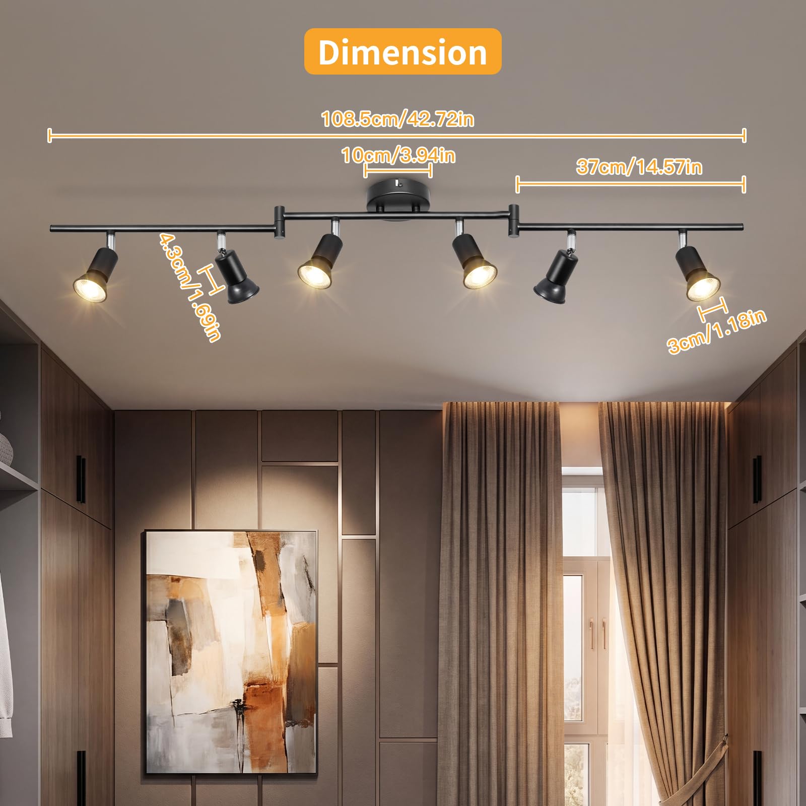 Faretti LED Soffitto GU10 Orientabili in Ferro, Nero, 6 Luci | 350° Orizzontali e 90° Verticali, Max 50W per Lampadina GU10, Senza Lampadina, Ideale per Soggiorno, Cucina e Camera da Letto